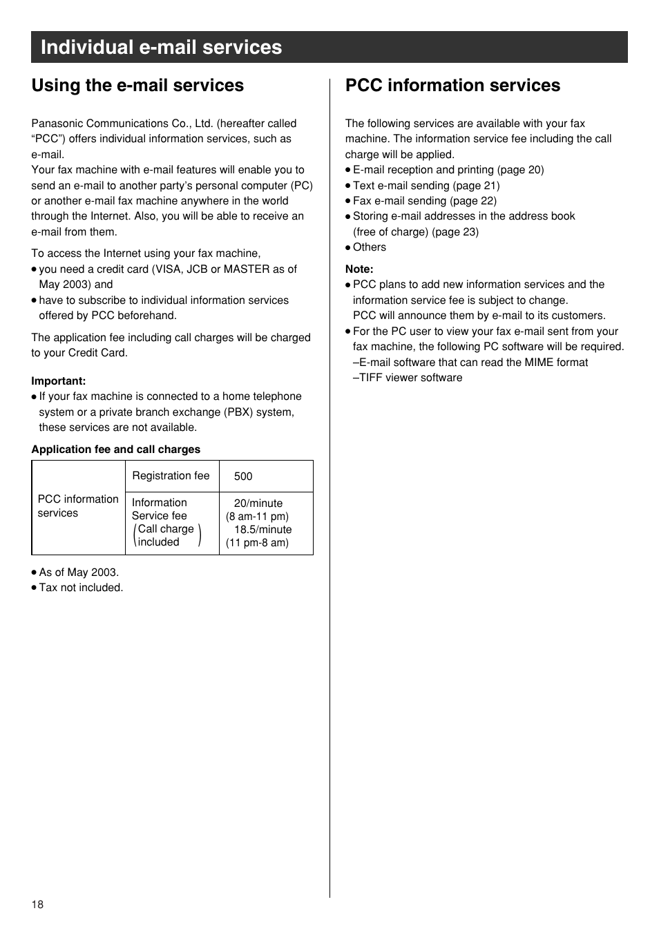 Individual e-mail services, Using the e-mail services, Pcc information services | Panasonic KX-PW93CW User Manual | Page 18 / 24