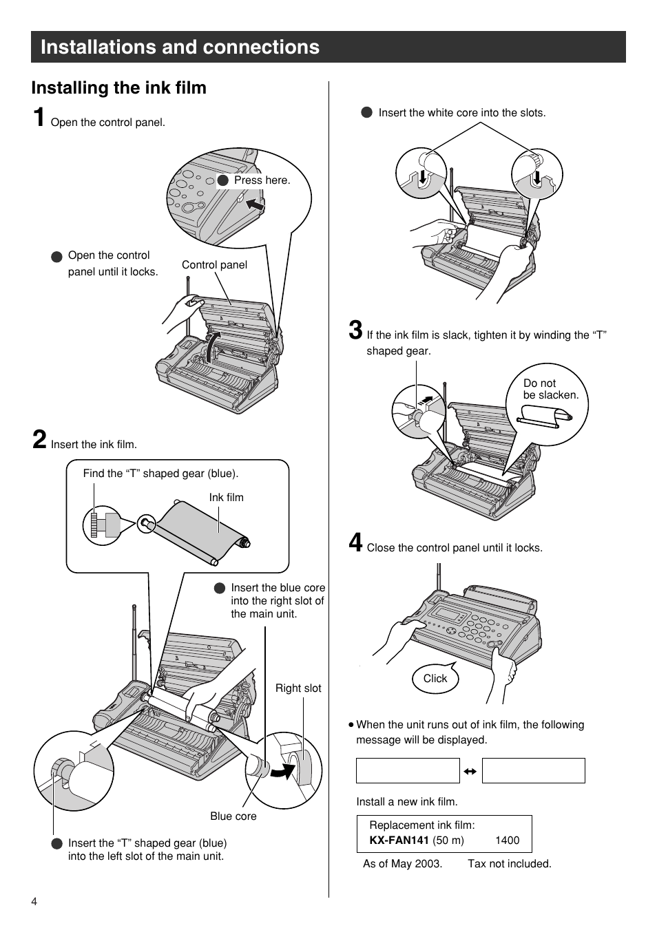 Installations and connections, Installing the ink film | Panasonic KX-PW93CW User Manual | Page 4 / 24