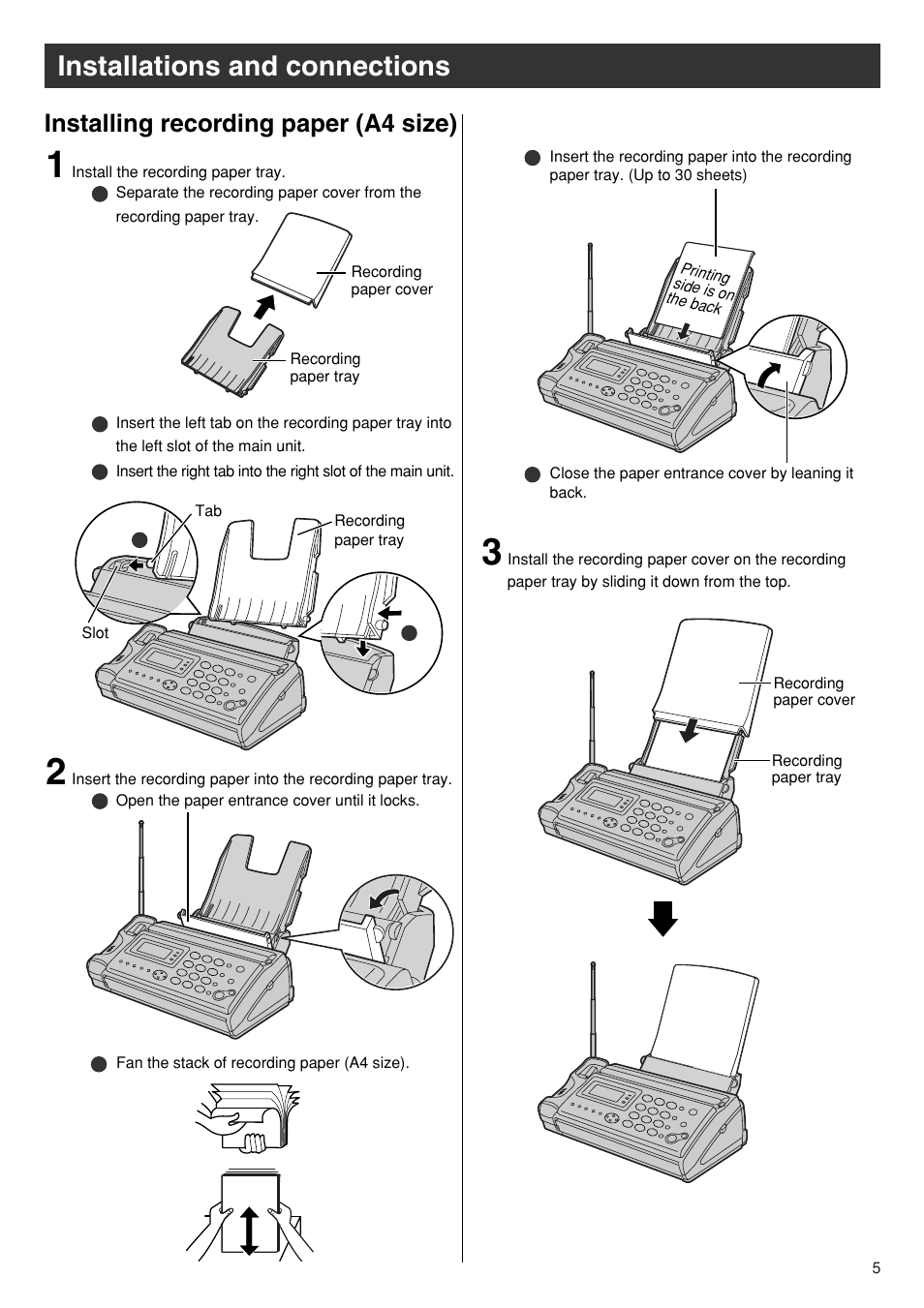 Installations and connections, Installing recording paper (a4 size) | Panasonic KX-PW93CW User Manual | Page 5 / 24