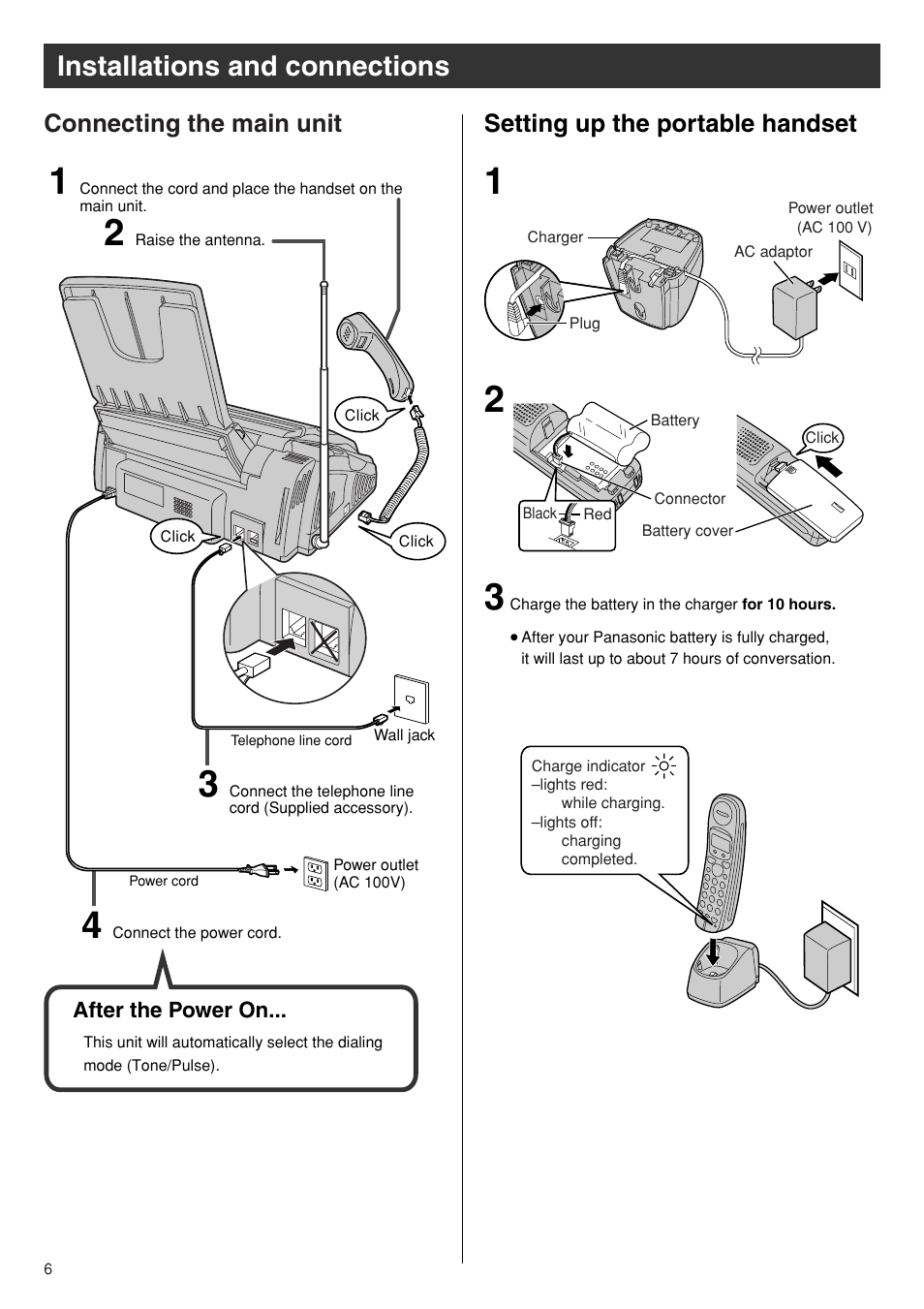 Installations and connections, Connecting the main unit, Setting up the portable handset | Panasonic KX-PW93CW User Manual | Page 6 / 24