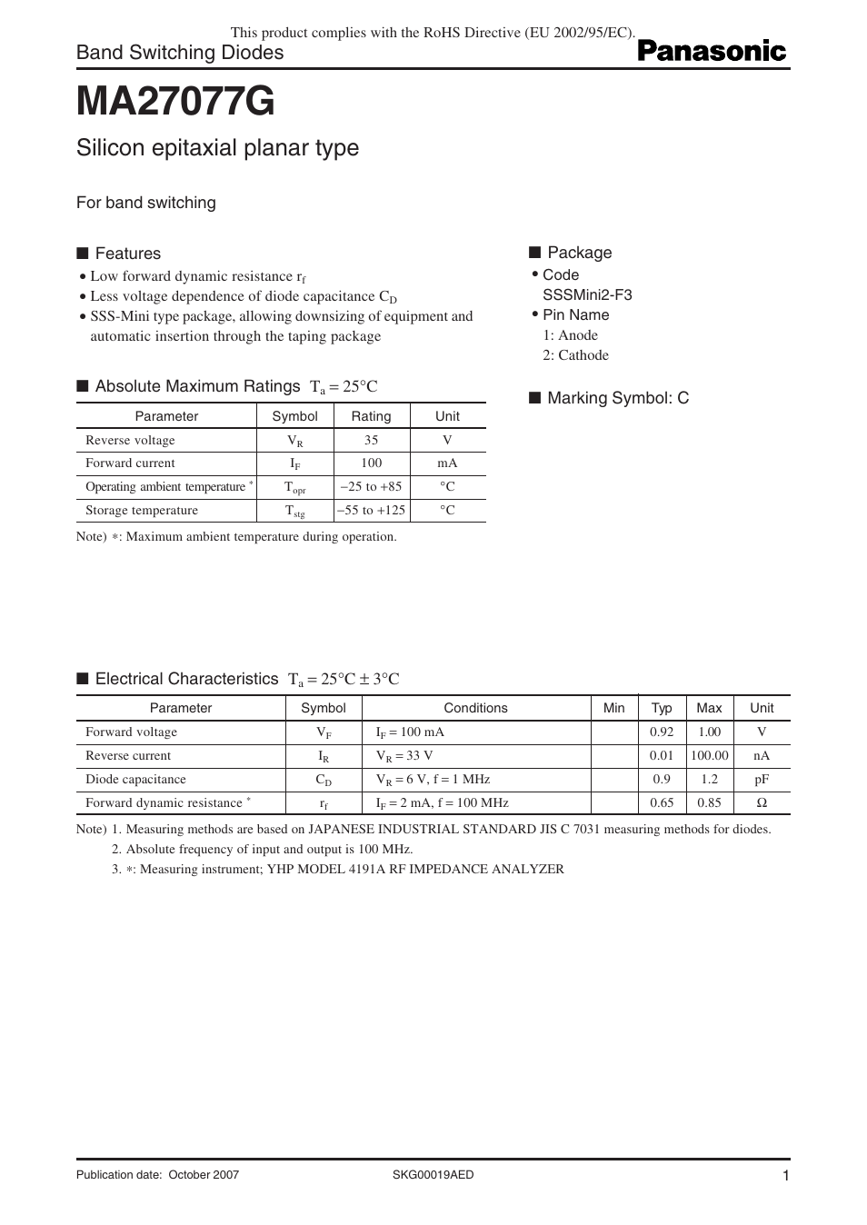 Panasonic Band Switching Diodes MA27077G User Manual | 4 pages