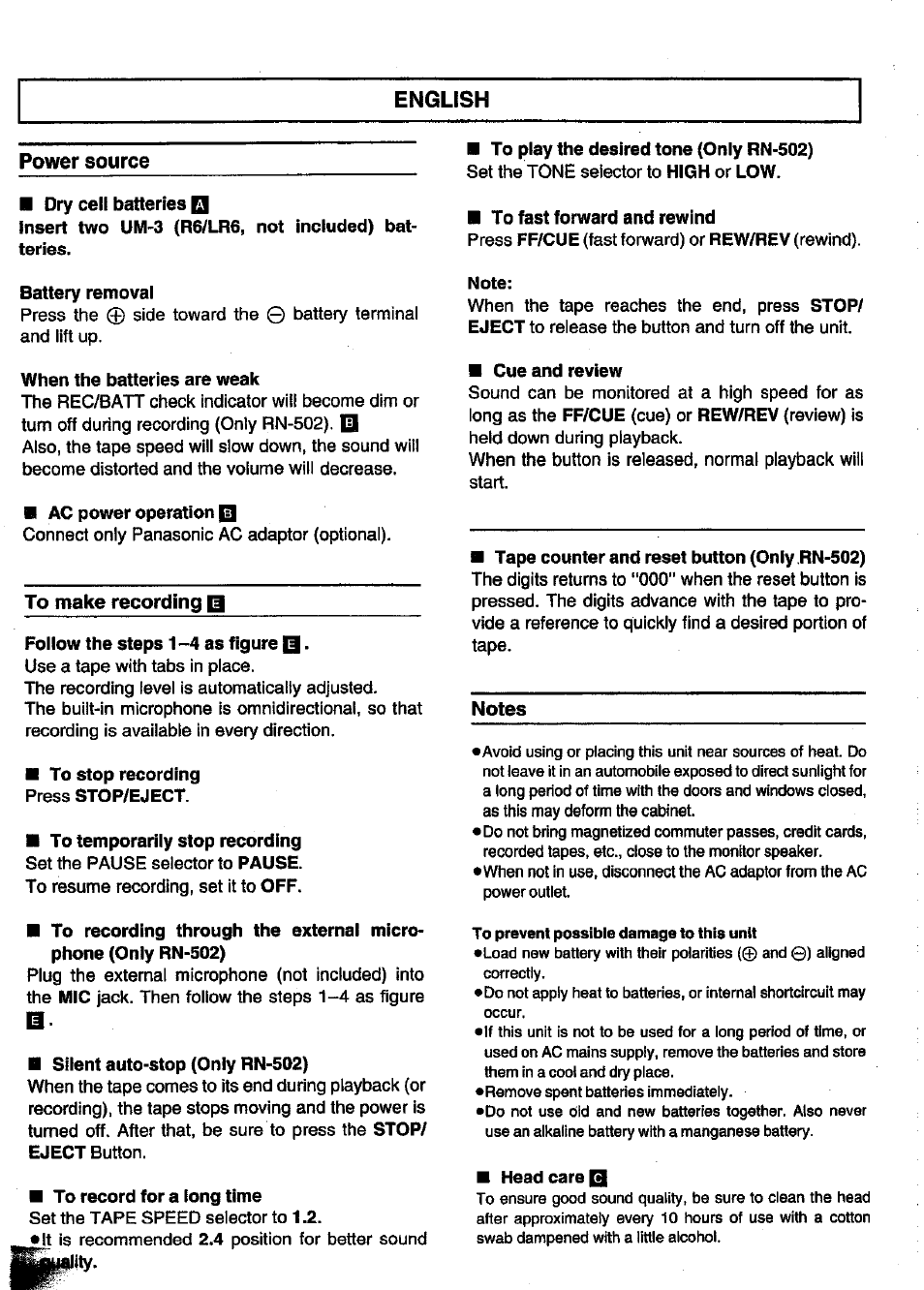 English, Power source, Dry cell batteries | Battery removal, When the batteries are weak, Ac power operation q, To make recording, Follow the steps 1~4 as figure b, To stop recording press stop/eject, To temporarily stop recording | Panasonic RN-502 User Manual | Page 2 / 5