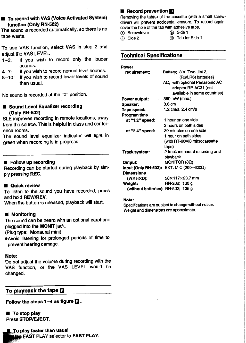 Sound level equalizer recording (only rn-502), Follow up recording, Quick review | Monitoring, Note, Record prevention, Technical specifications, To playback the tape q, Follow the steps 1-4 as figure, To stop play press stop/eject | Panasonic RN-502 User Manual | Page 3 / 5