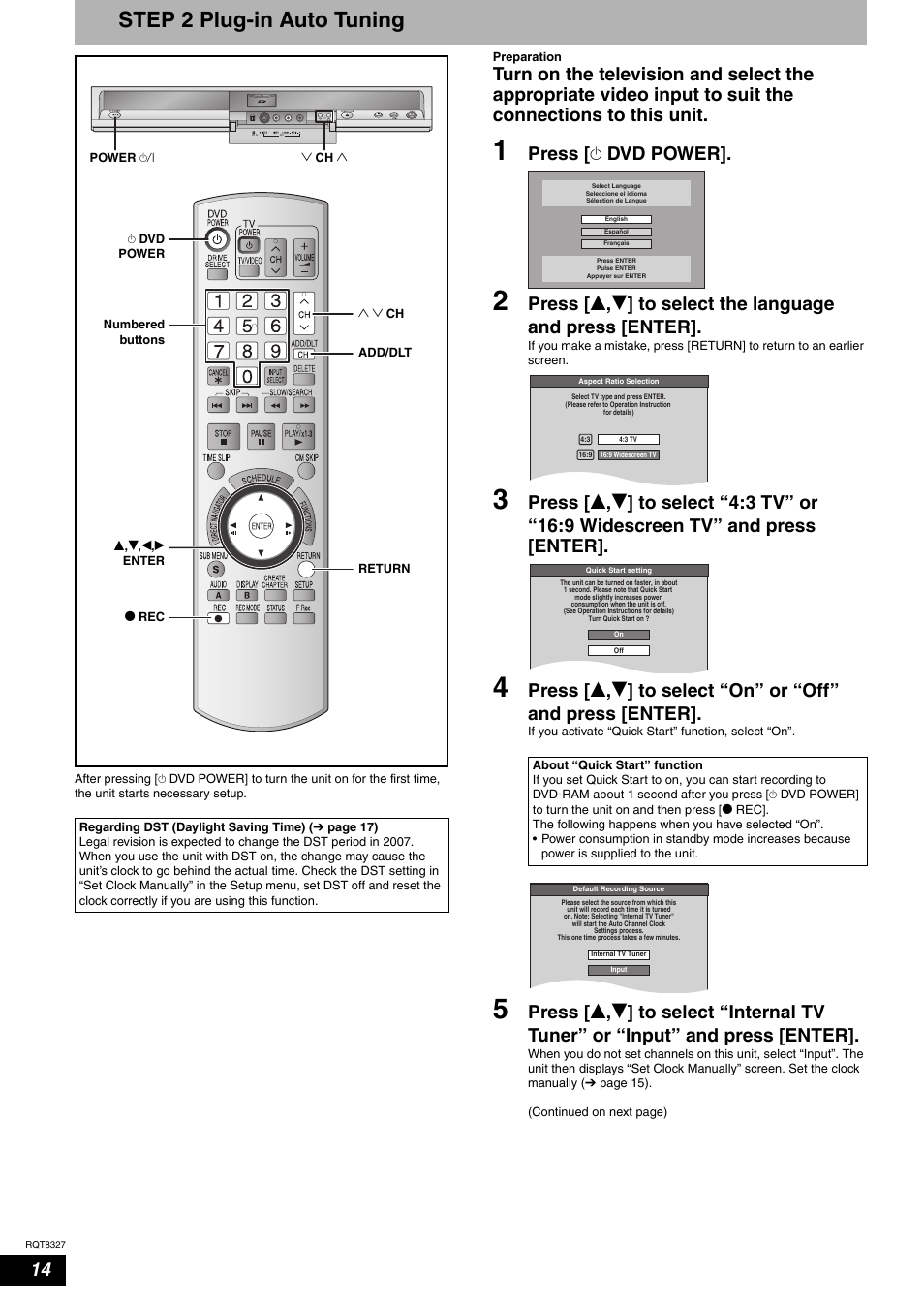 Step 2 plug-in auto tuning, Press [ ^ dvd power | Panasonic DMR-ES25 User Manual | Page 14 / 60