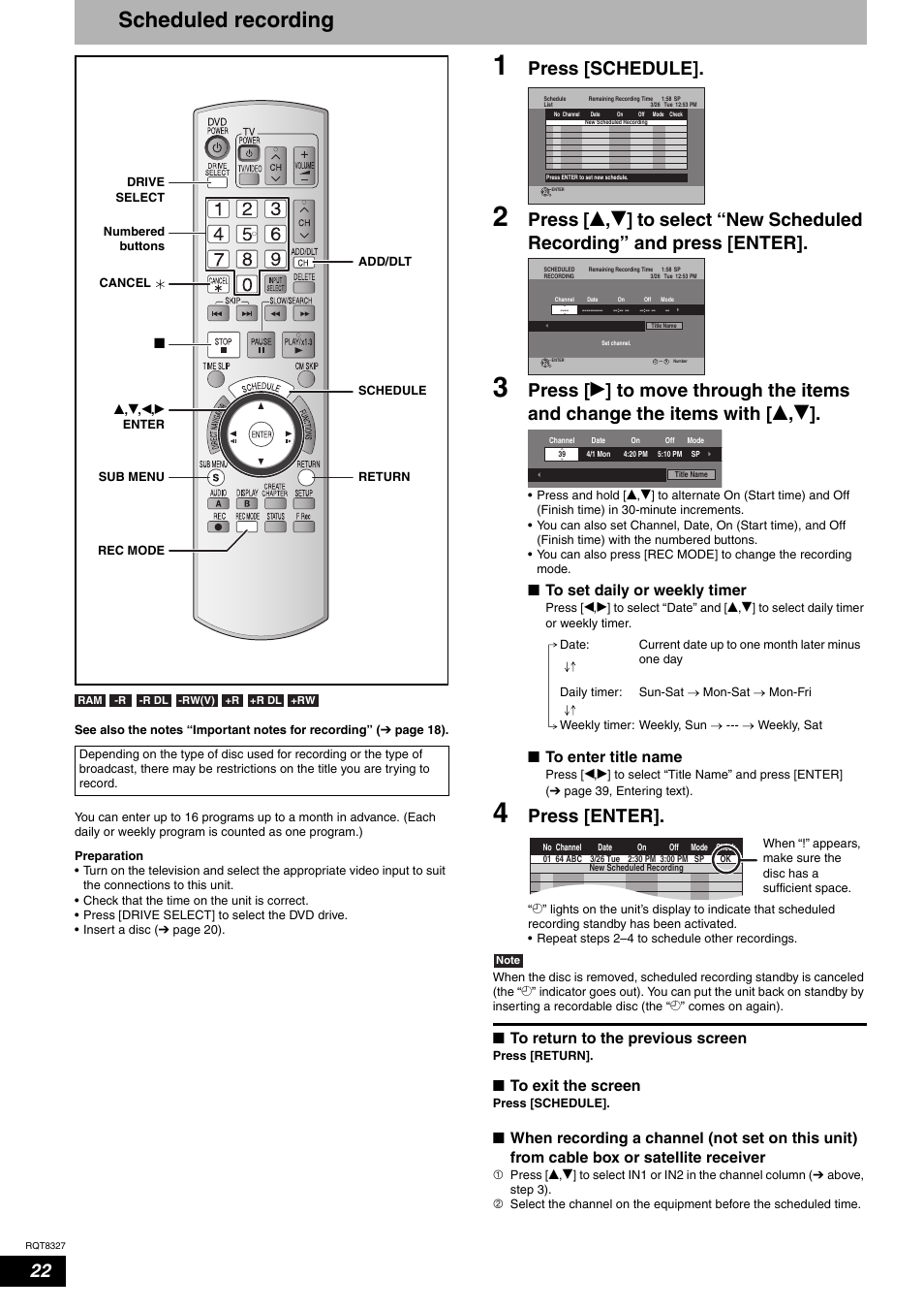Scheduled recording, Press [schedule, Press [enter | Nto set daily or weekly timer, Nto enter title name, Nto return to the previous screen, Nto exit the screen | Panasonic DMR-ES25 User Manual | Page 22 / 60