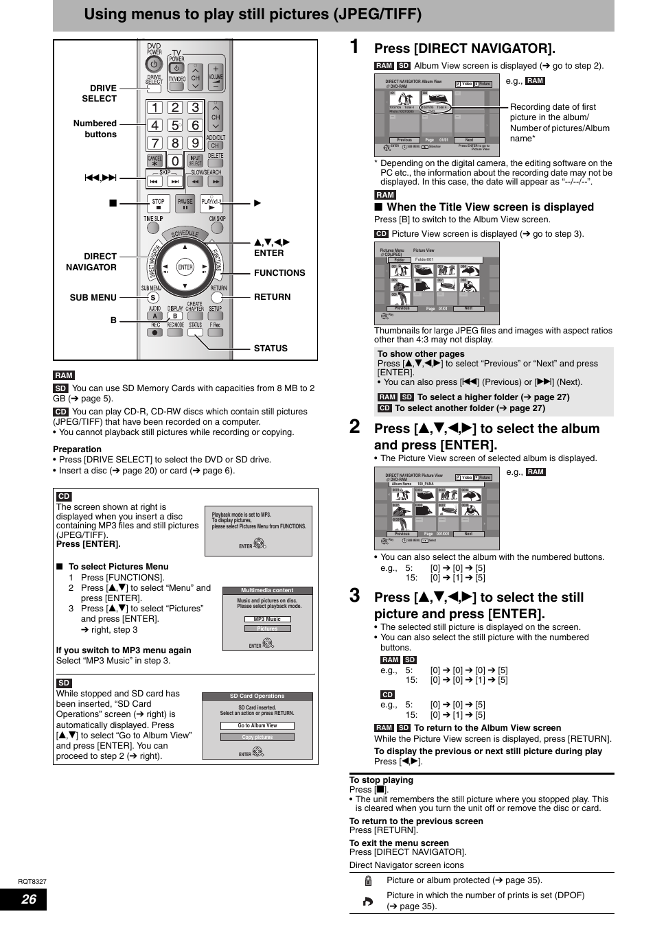 Using menus to play still pictures (jpeg/tiff), Press [direct navigator, Nwhen the title view screen is displayed | Panasonic DMR-ES25 User Manual | Page 26 / 60