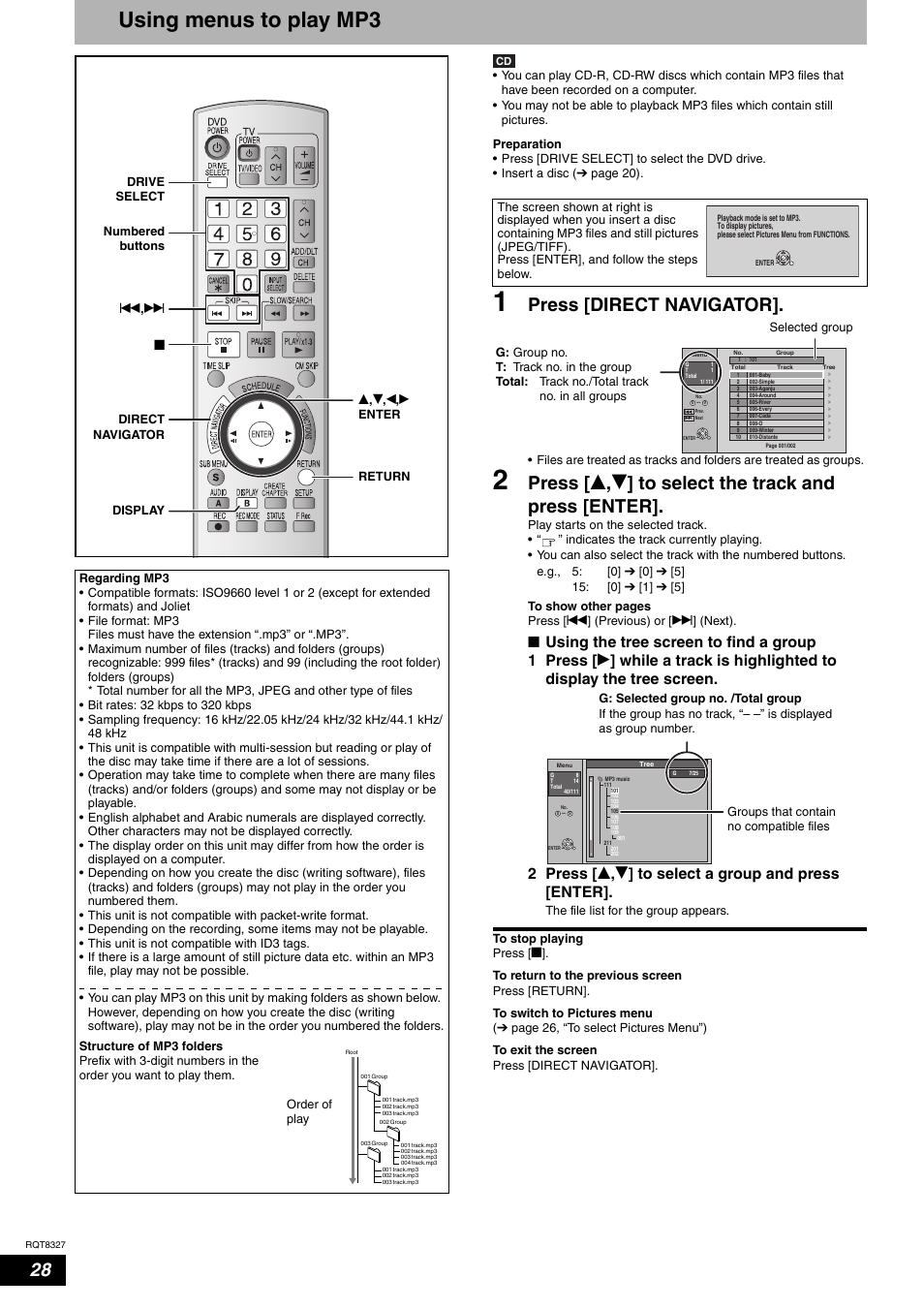 Using menus to play mp3, Press [direct navigator | Panasonic DMR-ES25 User Manual | Page 28 / 60