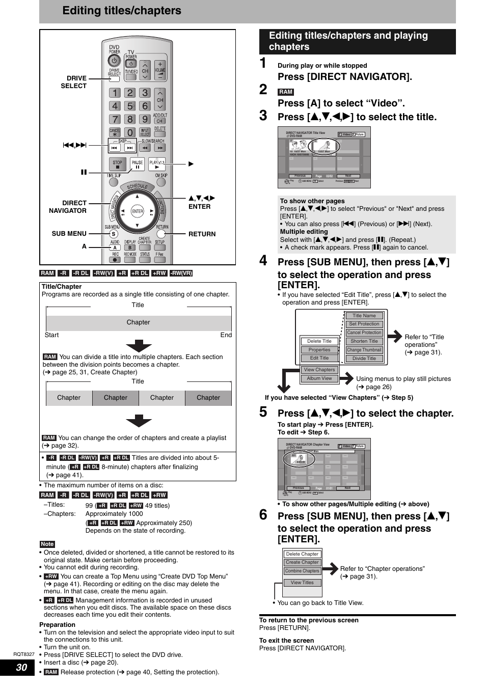 Editing, Editing titles/chapters, Press [direct navigator | Press [a] to select “video, Press [ e , r , w , q ] to select the title, Press [ e , r , w , q ] to select the chapter, Editing titles/chapters and playing chapters | Panasonic DMR-ES25 User Manual | Page 30 / 60