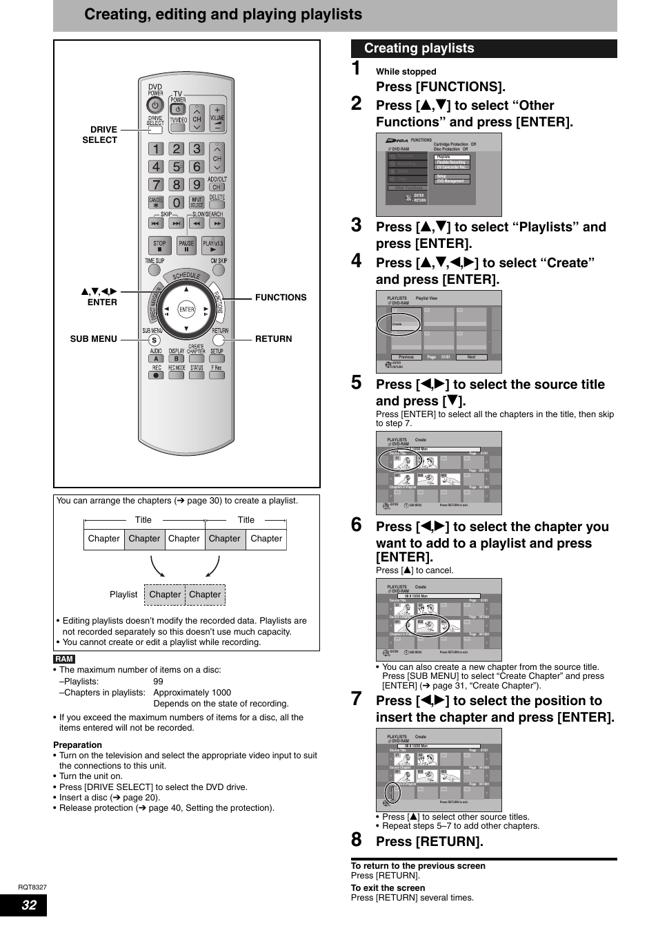 Creating, editing and playing playlists, Press [functions, Press [return | Creating playlists | Panasonic DMR-ES25 User Manual | Page 32 / 60