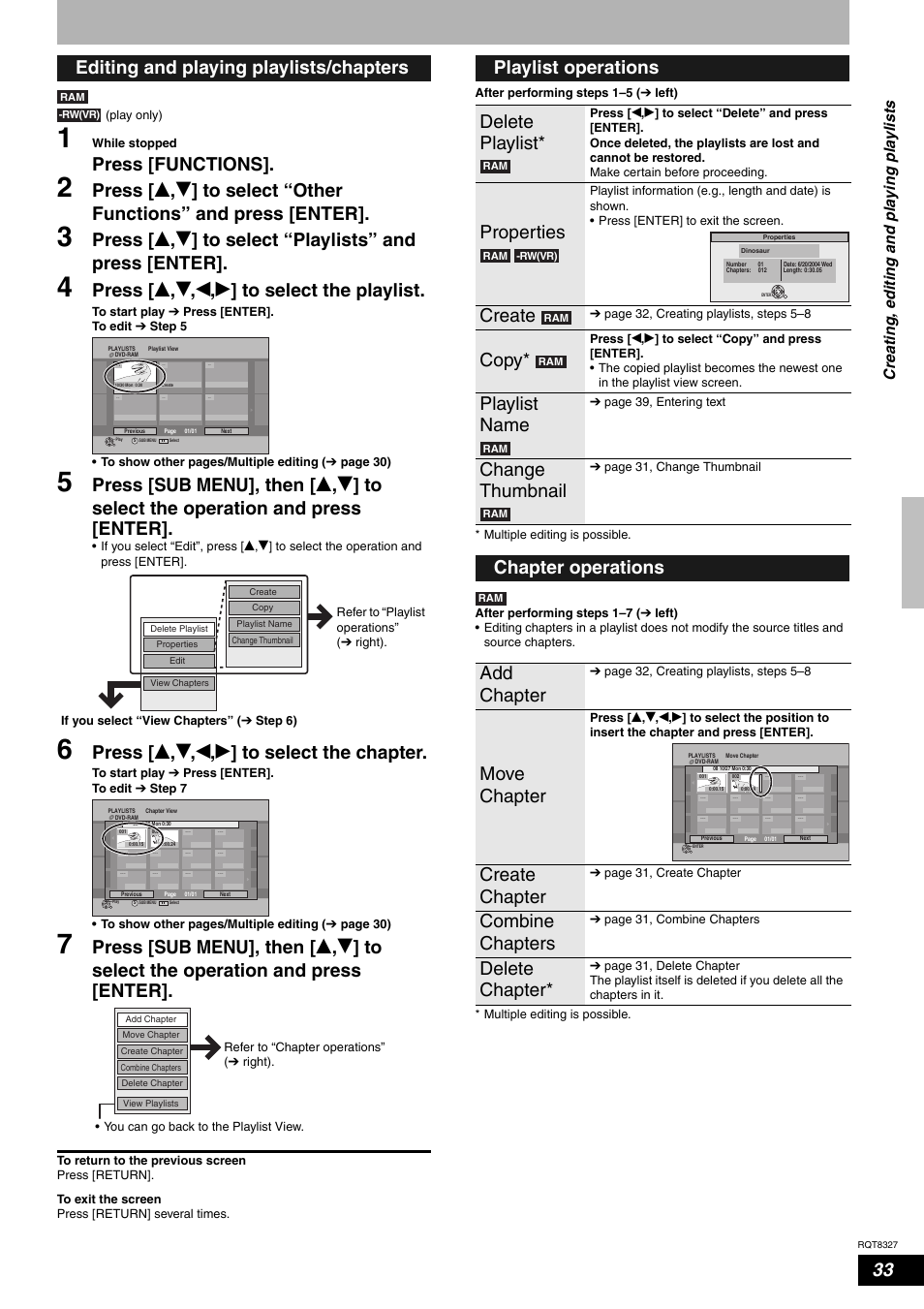 Press [functions, Press [ e , r , w , q ] to select the playlist, Press [ e , r , w , q ] to select the chapter | Editing and playing playlists/chapters, Playlist operations delete playlist, Properties, Create, Copy, Playlist name, Change thumbnail | Panasonic DMR-ES25 User Manual | Page 33 / 60