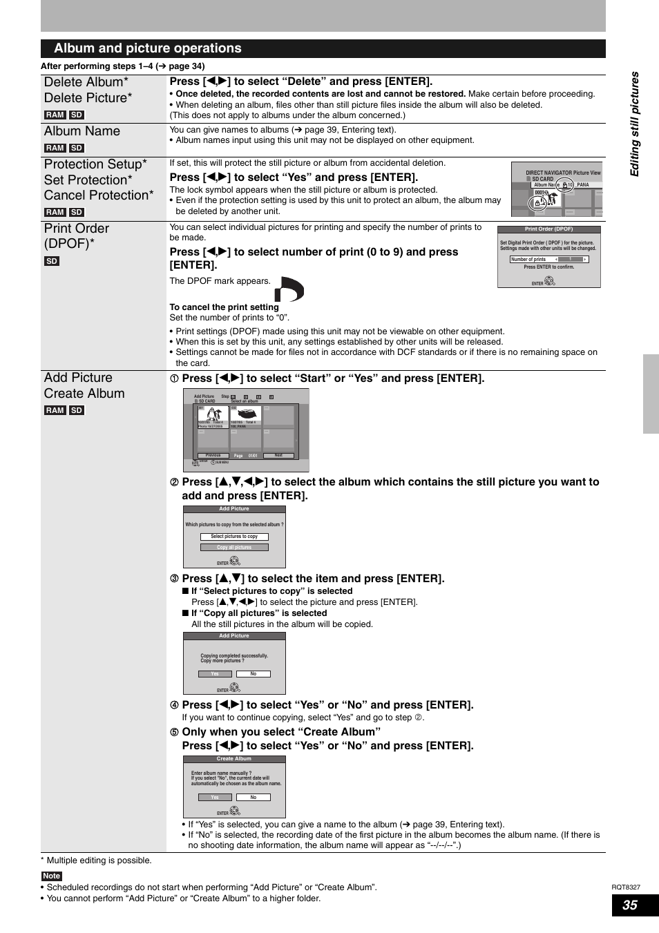 Album name, Print order (dpof), Add picture create album | Press [ w , q ] to select “yes” and press [enter, Editi n g st ill pic tures | Panasonic DMR-ES25 User Manual | Page 35 / 60