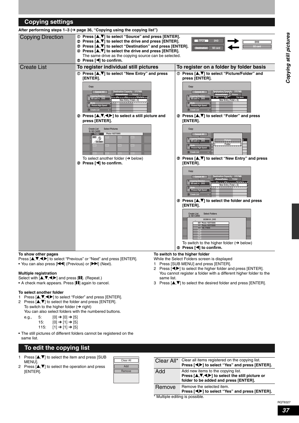 Copying settings, Copying direction, Create list | Clear all, Remove, Copy in g s till pict ure s | Panasonic DMR-ES25 User Manual | Page 37 / 60