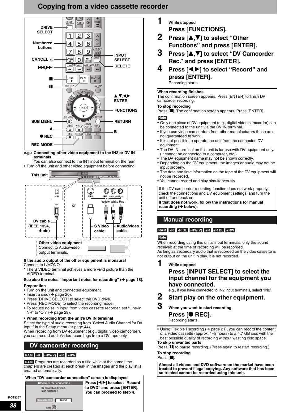 Copying from a video cassette recorder, Press [functions, Start play on the other equipment | Press [ * rec, Dv camcorder recording, Manual recording | Panasonic DMR-ES25 User Manual | Page 38 / 60