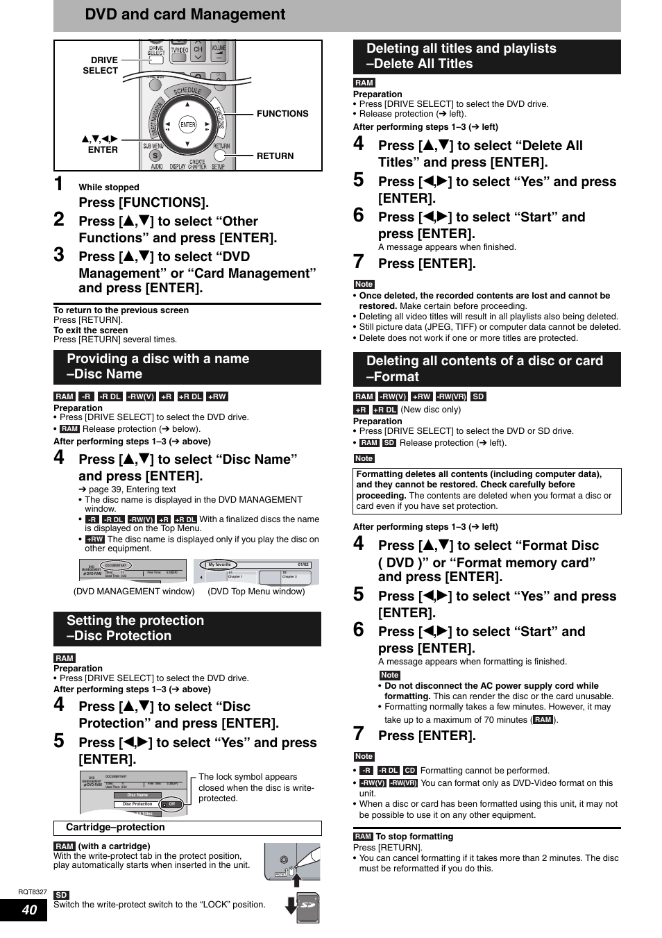 Dvd and card management, Press [functions, Press [ w , q ] to select “yes” and press [enter | Press [ w , q ] to select “start” and press [enter, Press [enter | Panasonic DMR-ES25 User Manual | Page 40 / 60