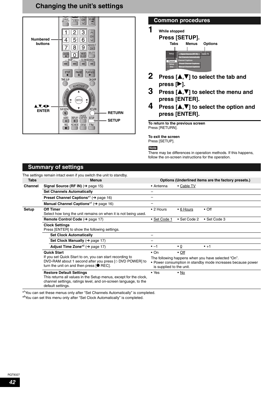 Changing the unit's settings, Changing the unit’s settings, Press [setup | Press [ e , r ] to select the tab and press [ q, Common procedures, Summary of settings | Panasonic DMR-ES25 User Manual | Page 42 / 60
