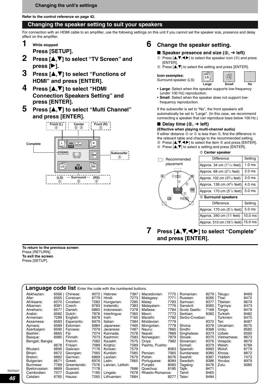 Press [setup, Change the speaker setting, Changing the speaker setting to suit your speakers | Language code list | Panasonic DMR-ES25 User Manual | Page 46 / 60