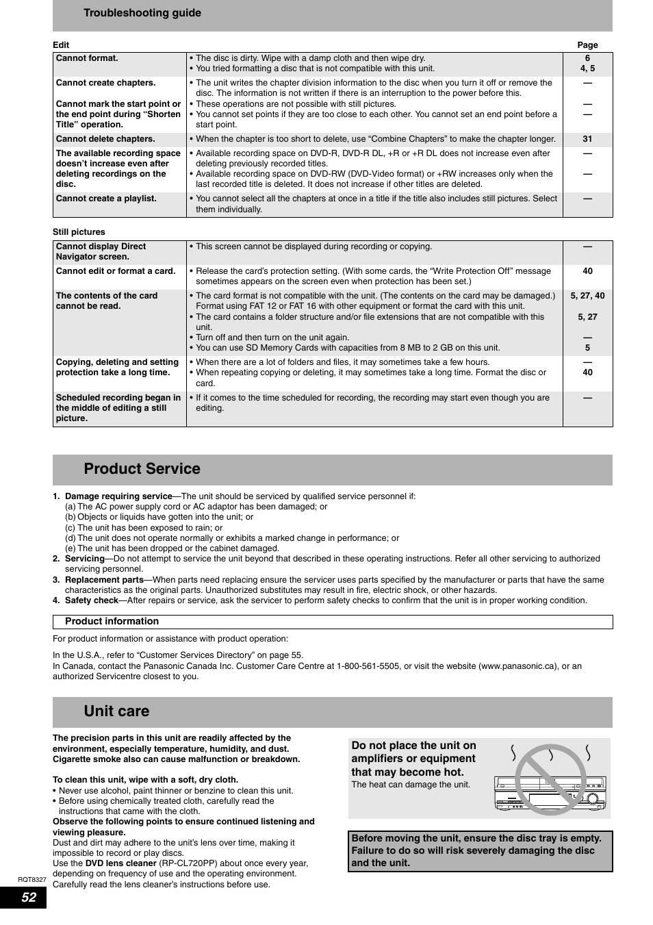 Product service, Unit care | Panasonic DMR-ES25 User Manual | Page 52 / 60