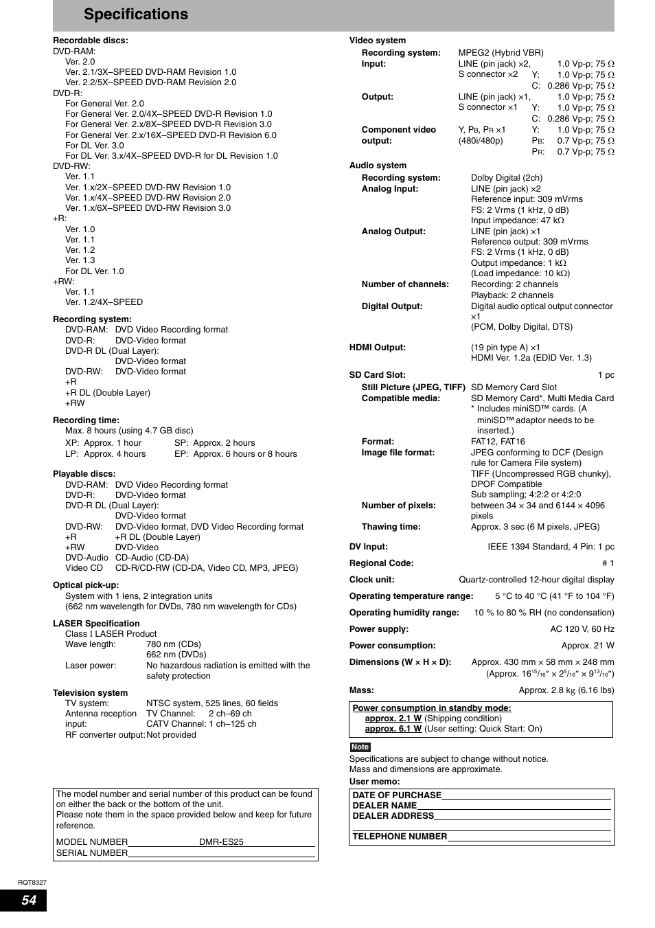 Specifications | Panasonic DMR-ES25 User Manual | Page 54 / 60