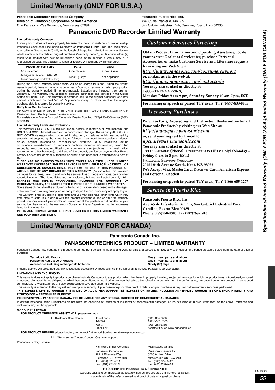 Limited warranty (only for u.s.a.), Limited warranty (only for canada), Panasonic dvd recorder limited warranty | Customer services directory, Accessory purchases, Service in puerto rico, Panasonic/technics product – limited warranty, Panasonic canada inc | Panasonic DMR-ES25 User Manual | Page 55 / 60