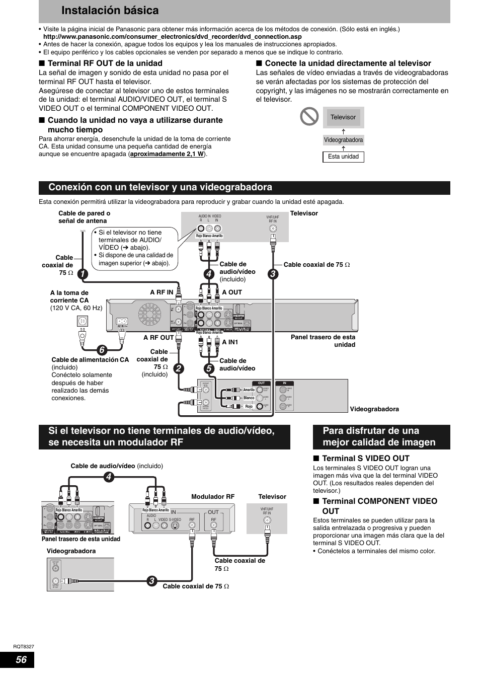 Instalación básica, Nterminal rf out de la unidad, Nconecte la unidad directamente al televisor | Nterminal s video out, Nterminal component video out | Panasonic DMR-ES25 User Manual | Page 56 / 60