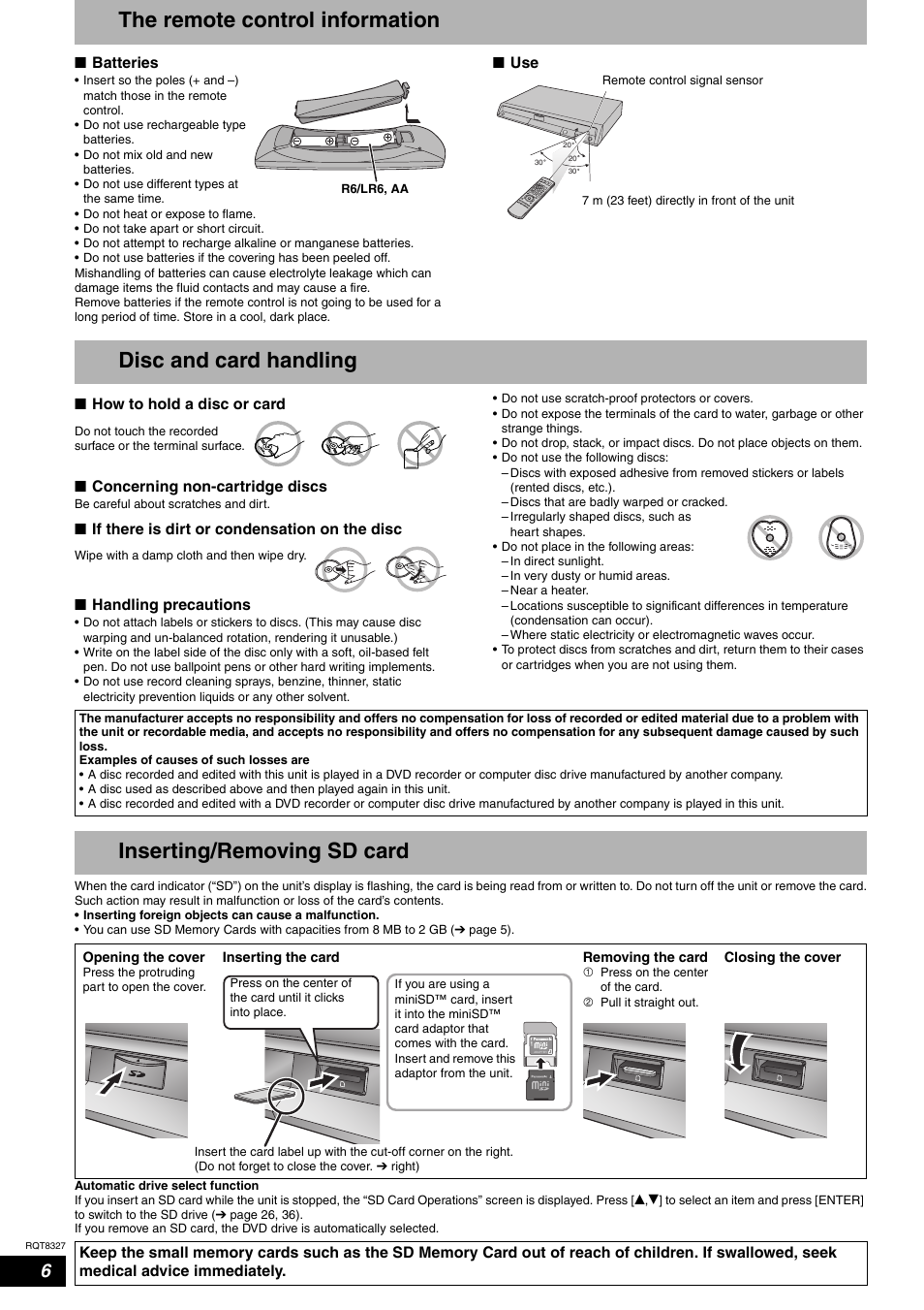 The remote control information, Disc and card handling, Inserting/removing the sd card | Inserting/removing sd card | Panasonic DMR-ES25 User Manual | Page 6 / 60