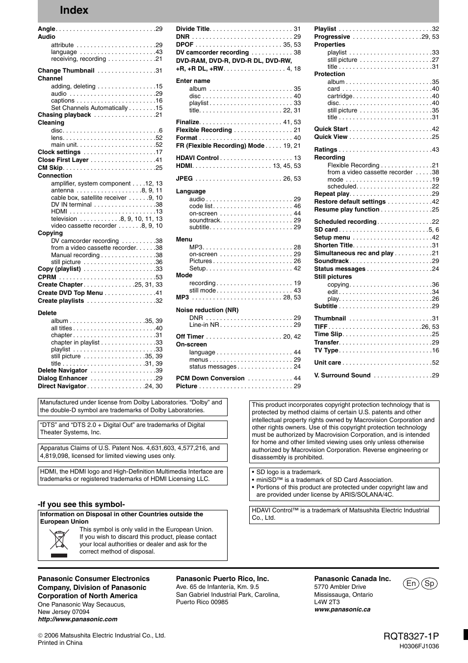 Index, En sp | Panasonic DMR-ES25 User Manual | Page 60 / 60