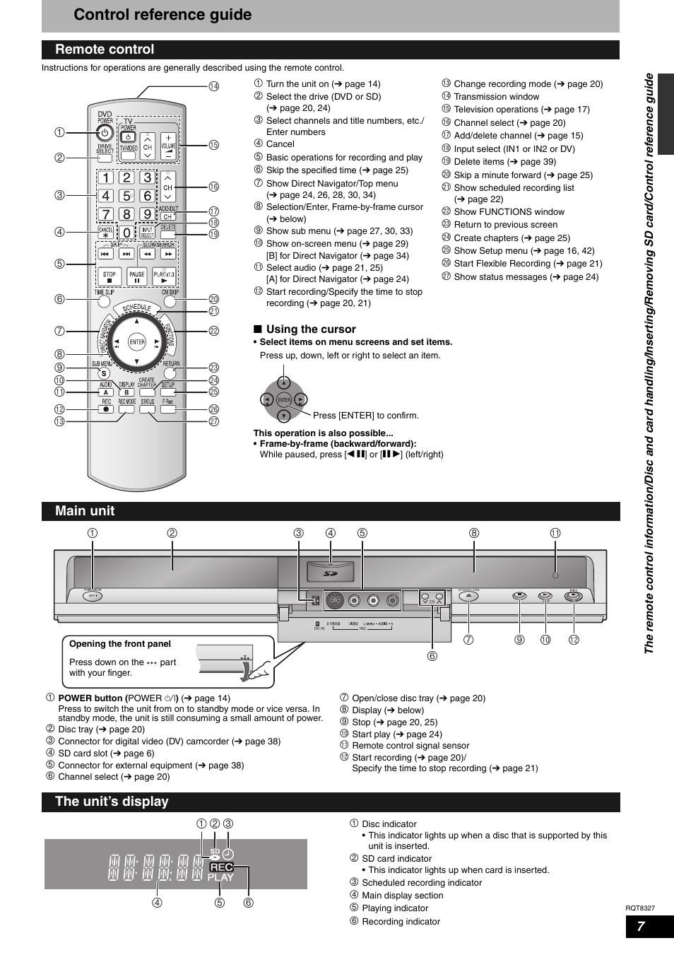 Control reference guide, Main unit the unit’s display | Panasonic DMR-ES25 User Manual | Page 7 / 60