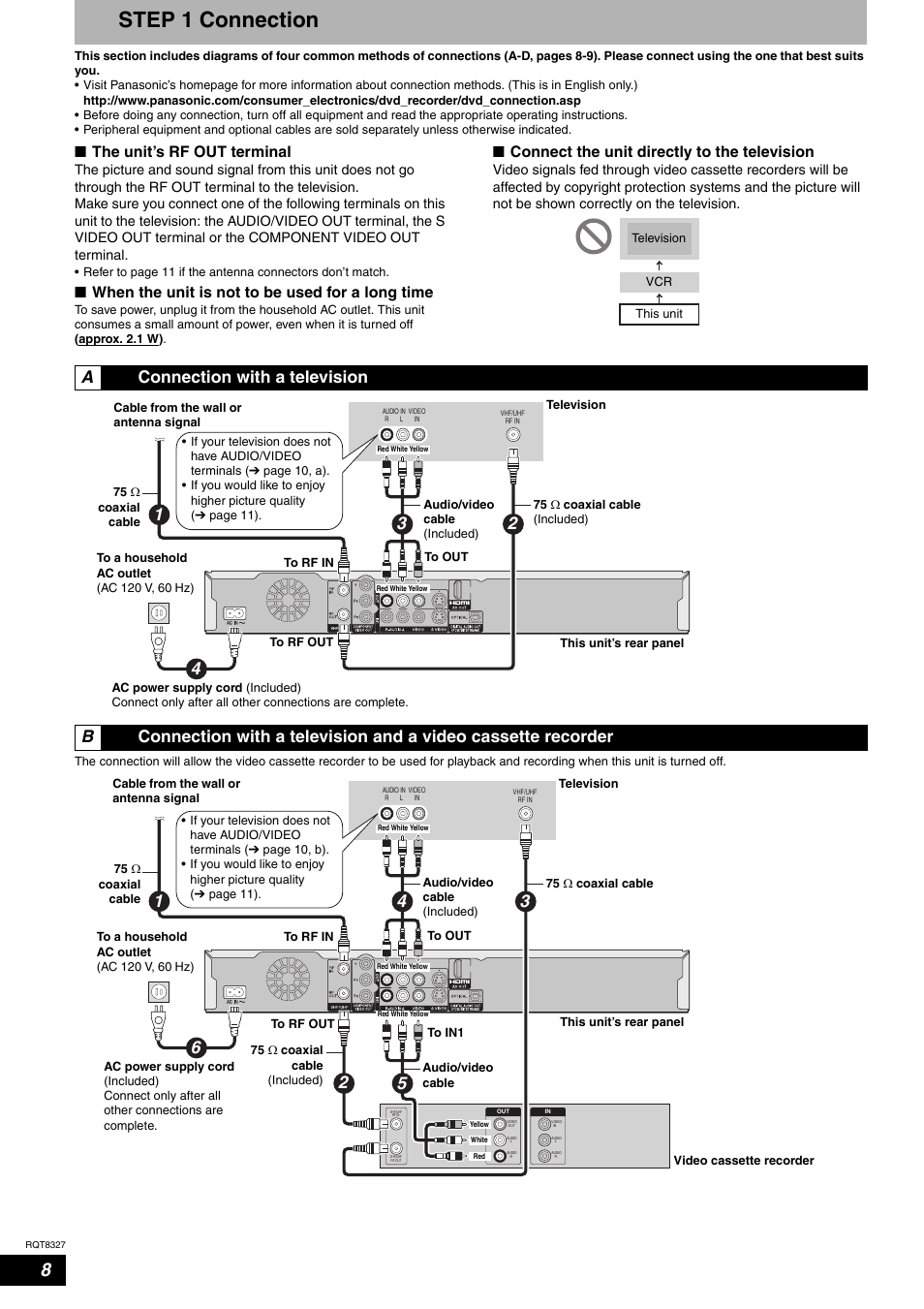Step 1 connection, Nthe unit’s rf out terminal, Nwhen the unit is not to be used for a long time | Nconnect the unit directly to the television | Panasonic DMR-ES25 User Manual | Page 8 / 60