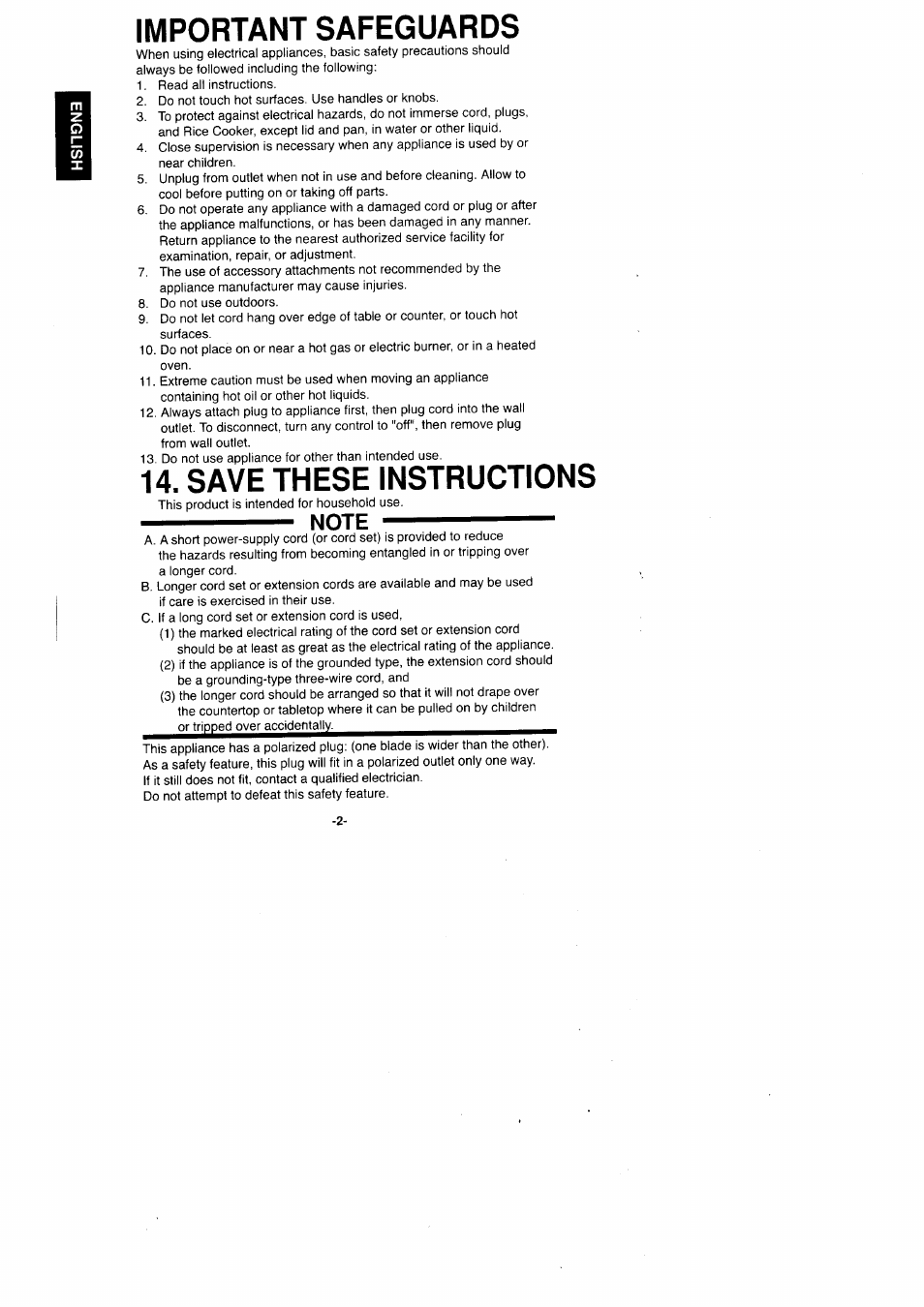 Important safeguards, Save these instructions | Panasonic Rice Cooker/Steamer SR'GO6FG/SR.G10FG/SR.GI8FG User Manual | Page 2 / 44