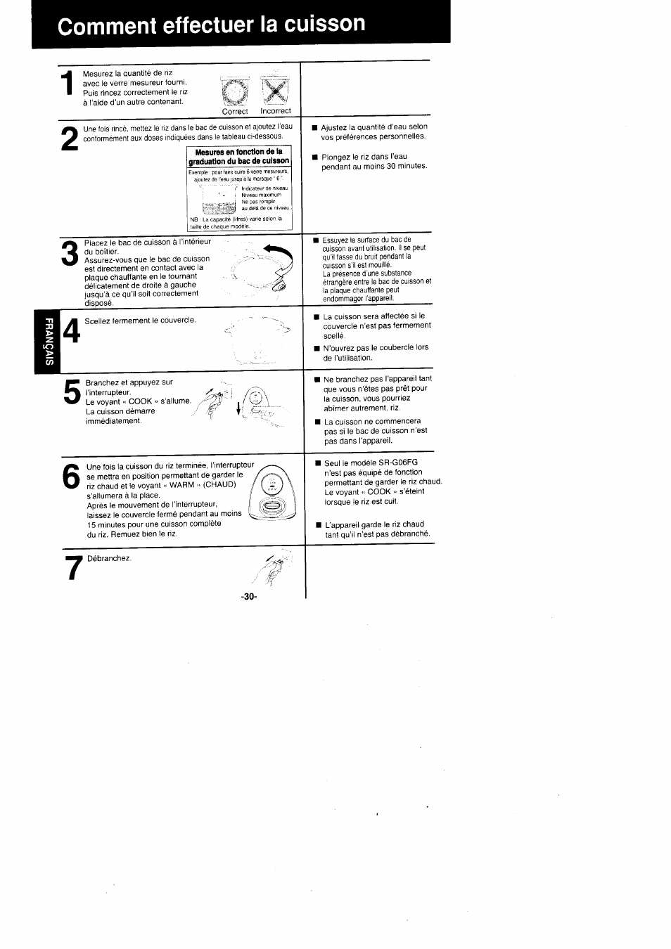 Comment effectuer la cuisson | Panasonic Rice Cooker/Steamer SR'GO6FG/SR.G10FG/SR.GI8FG User Manual | Page 30 / 44