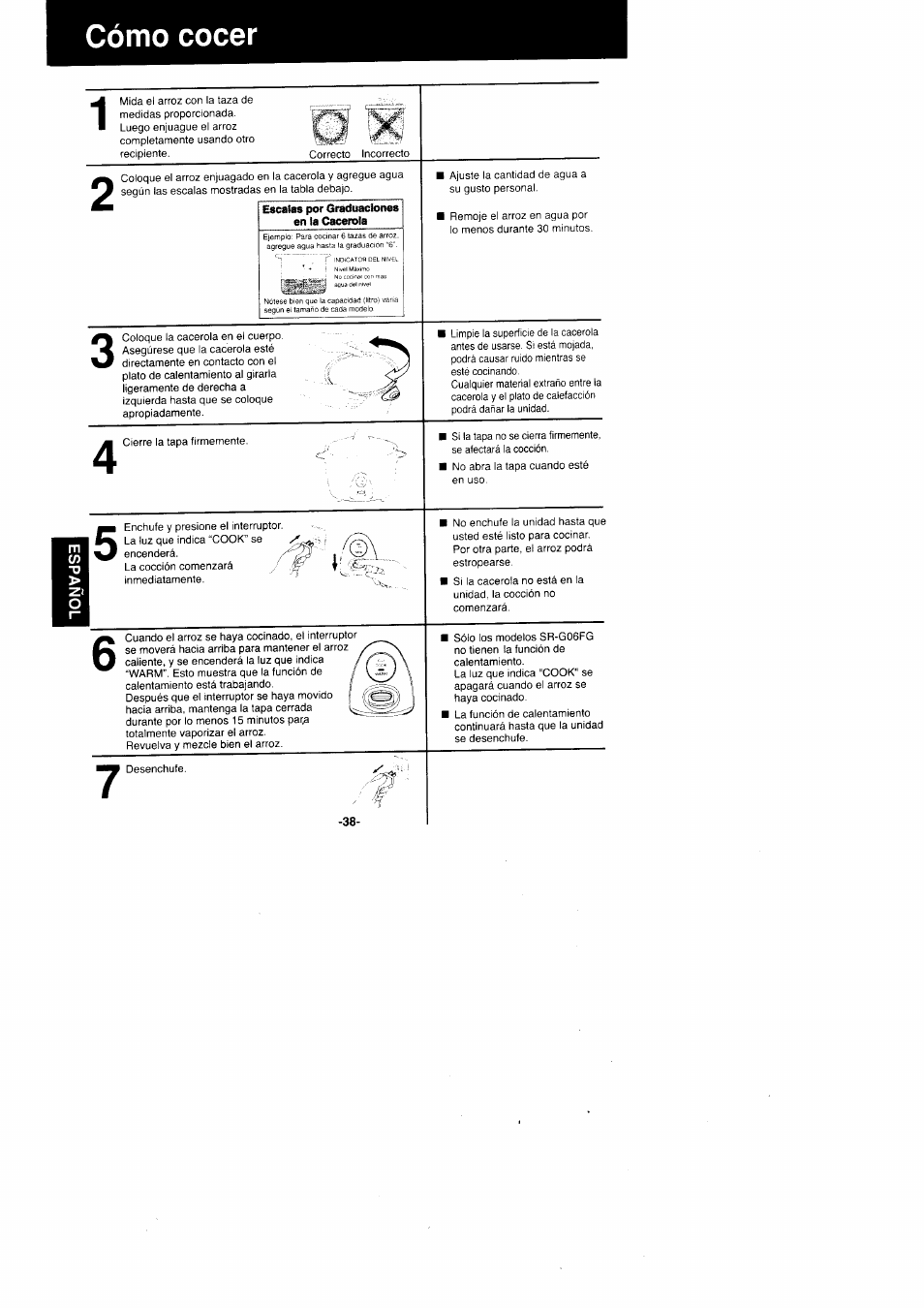 Cómo cocer | Panasonic Rice Cooker/Steamer SR'GO6FG/SR.G10FG/SR.GI8FG User Manual | Page 38 / 44