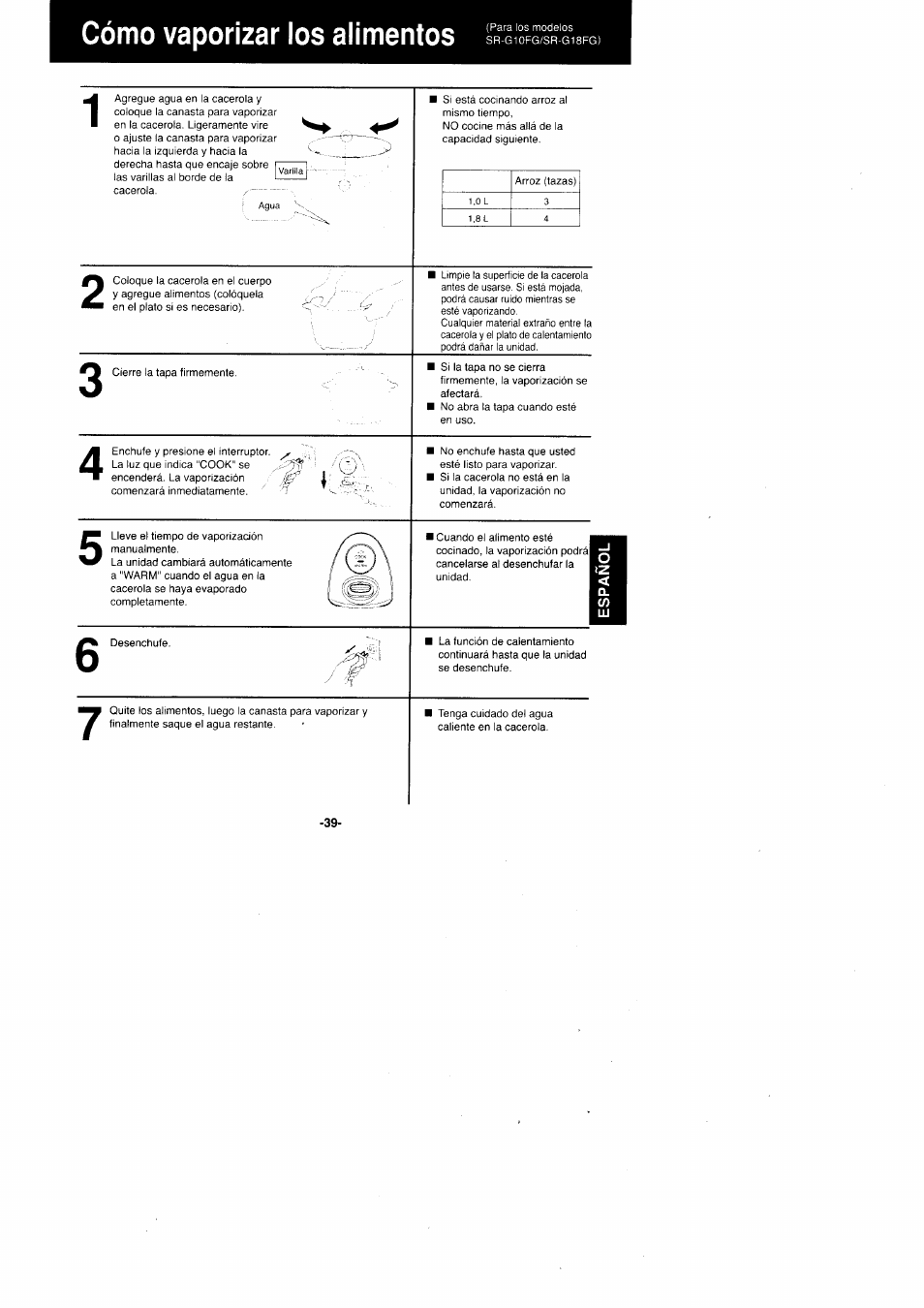 Cómo vaporizar los alimentos | Panasonic Rice Cooker/Steamer SR'GO6FG/SR.G10FG/SR.GI8FG User Manual | Page 39 / 44