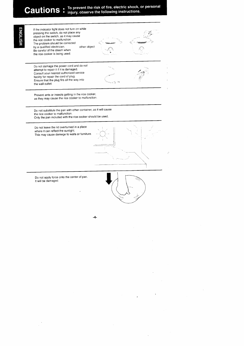 Cautions | Panasonic Rice Cooker/Steamer SR'GO6FG/SR.G10FG/SR.GI8FG User Manual | Page 4 / 44