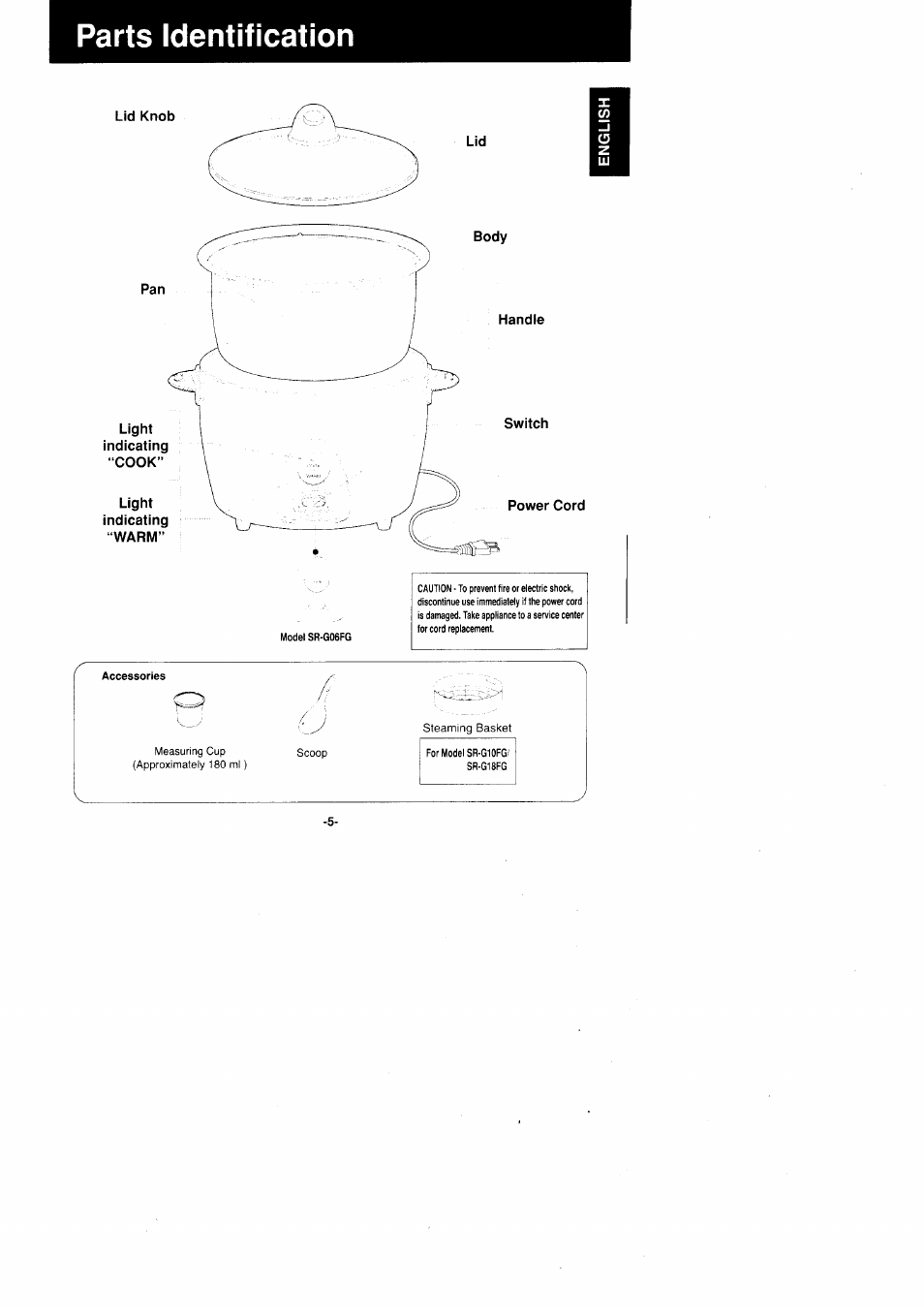 Parts identification | Panasonic Rice Cooker/Steamer SR'GO6FG/SR.G10FG/SR.GI8FG User Manual | Page 5 / 44