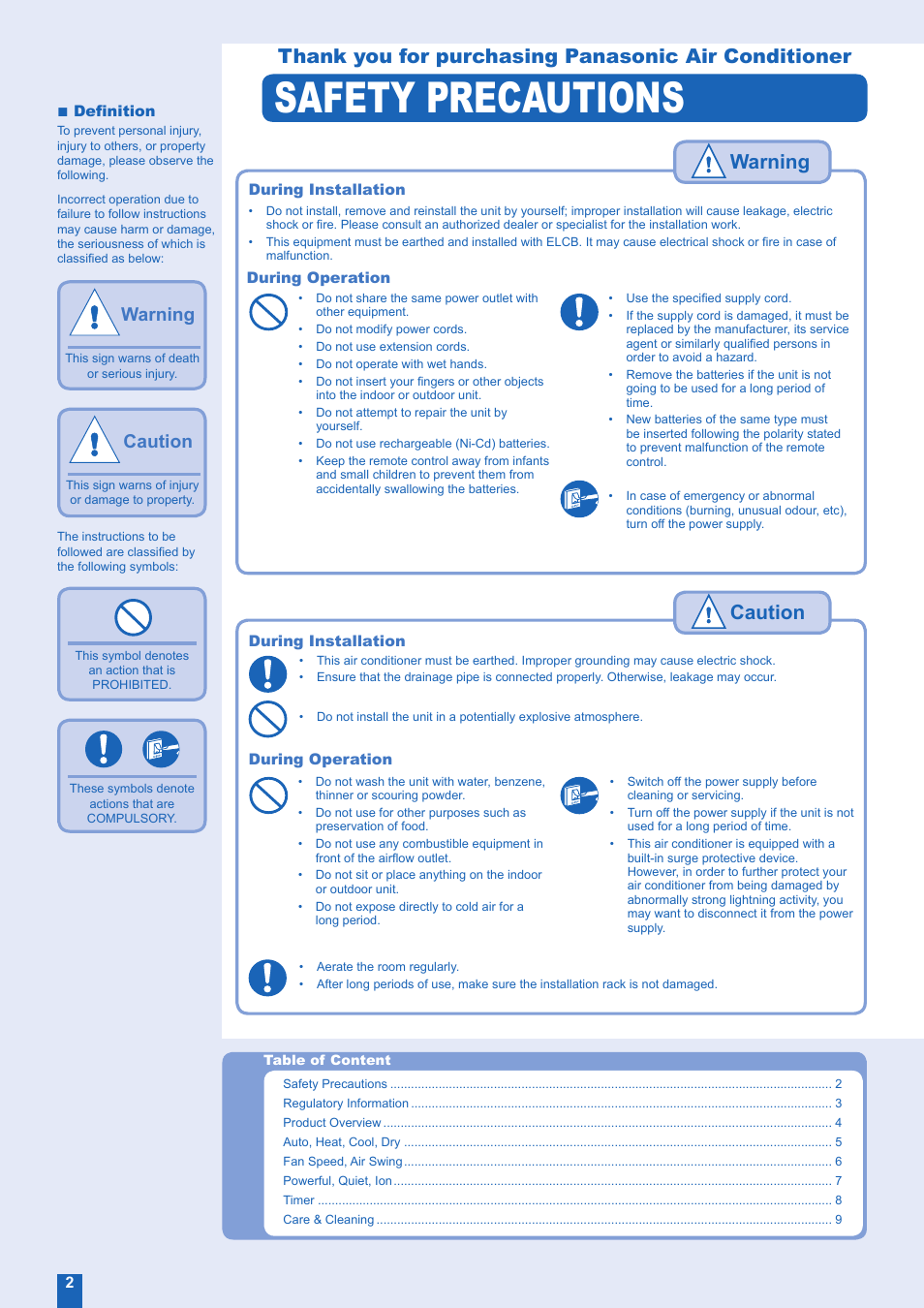Safety precautions, Warning, Warning caution | Panasonic CS-E28EKR User Manual | Page 2 / 12