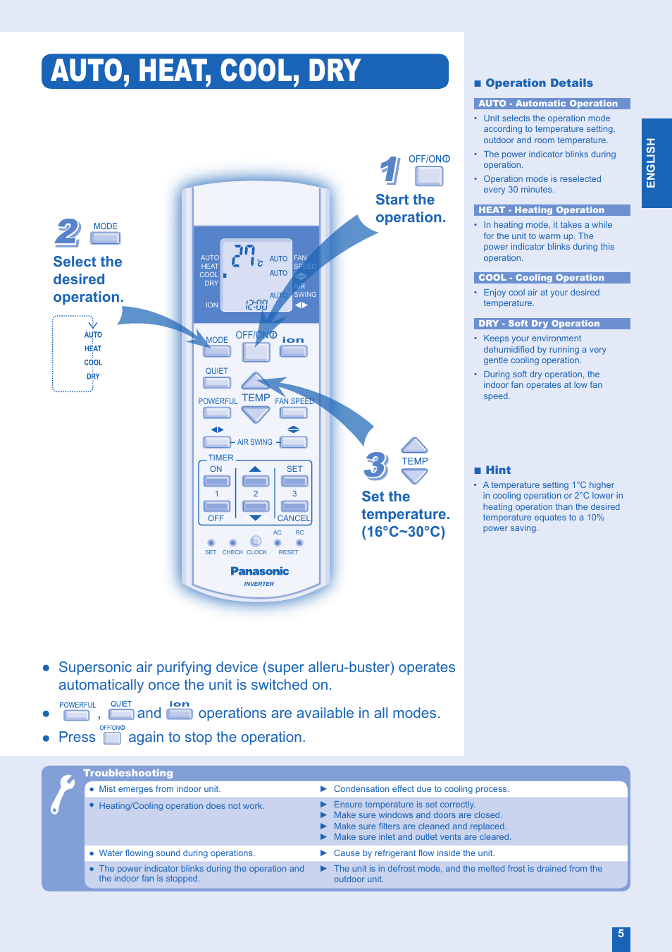 Auto, heat, cool, dry | Panasonic CS-E28EKR User Manual | Page 5 / 12
