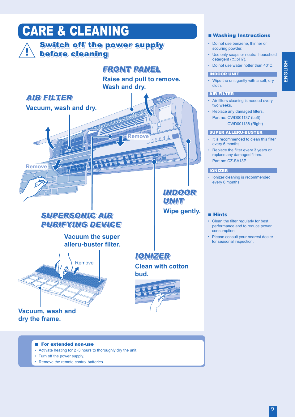 Care & cleaning, Ionizer | Panasonic CS-E28EKR User Manual | Page 9 / 12
