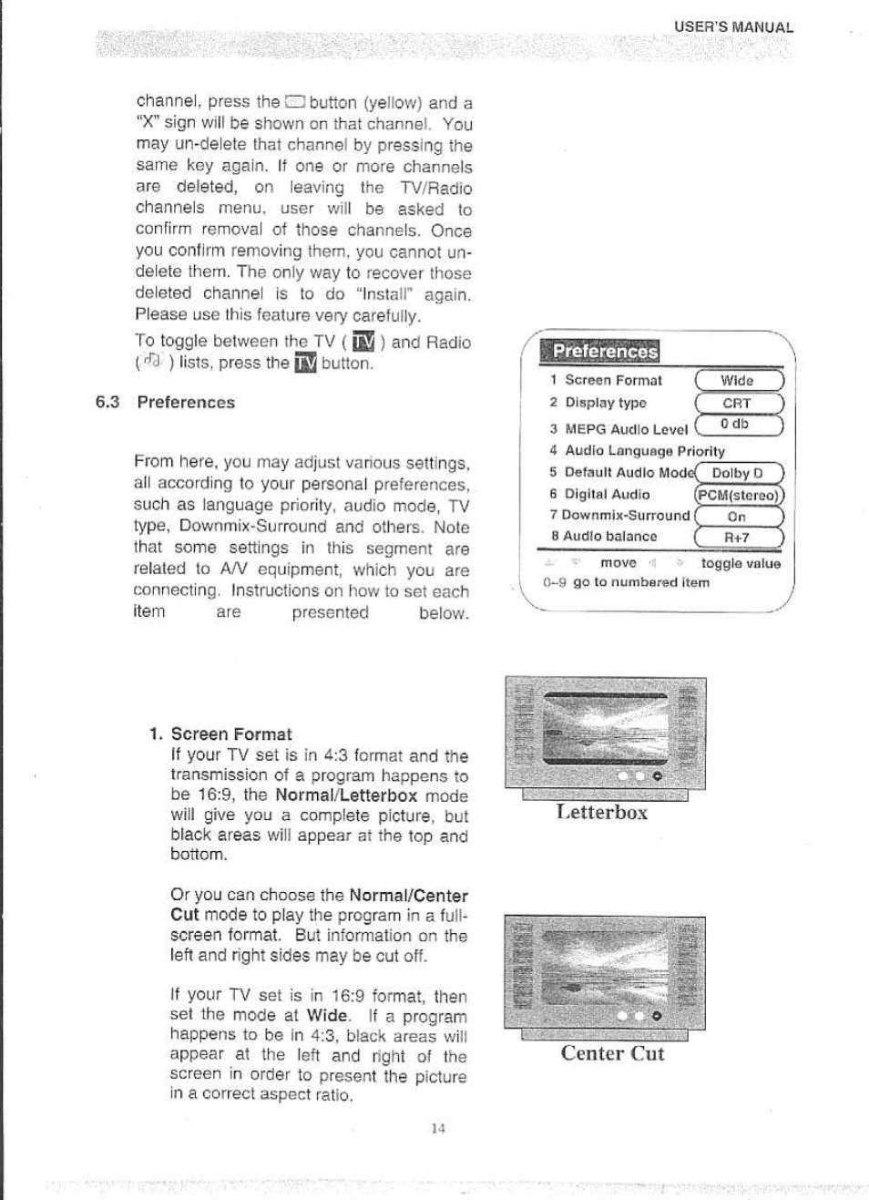 3 preferences, Preferences, T.etterbox | Center cut | Panasonic QTR 2140 User Manual | Page 15 / 22