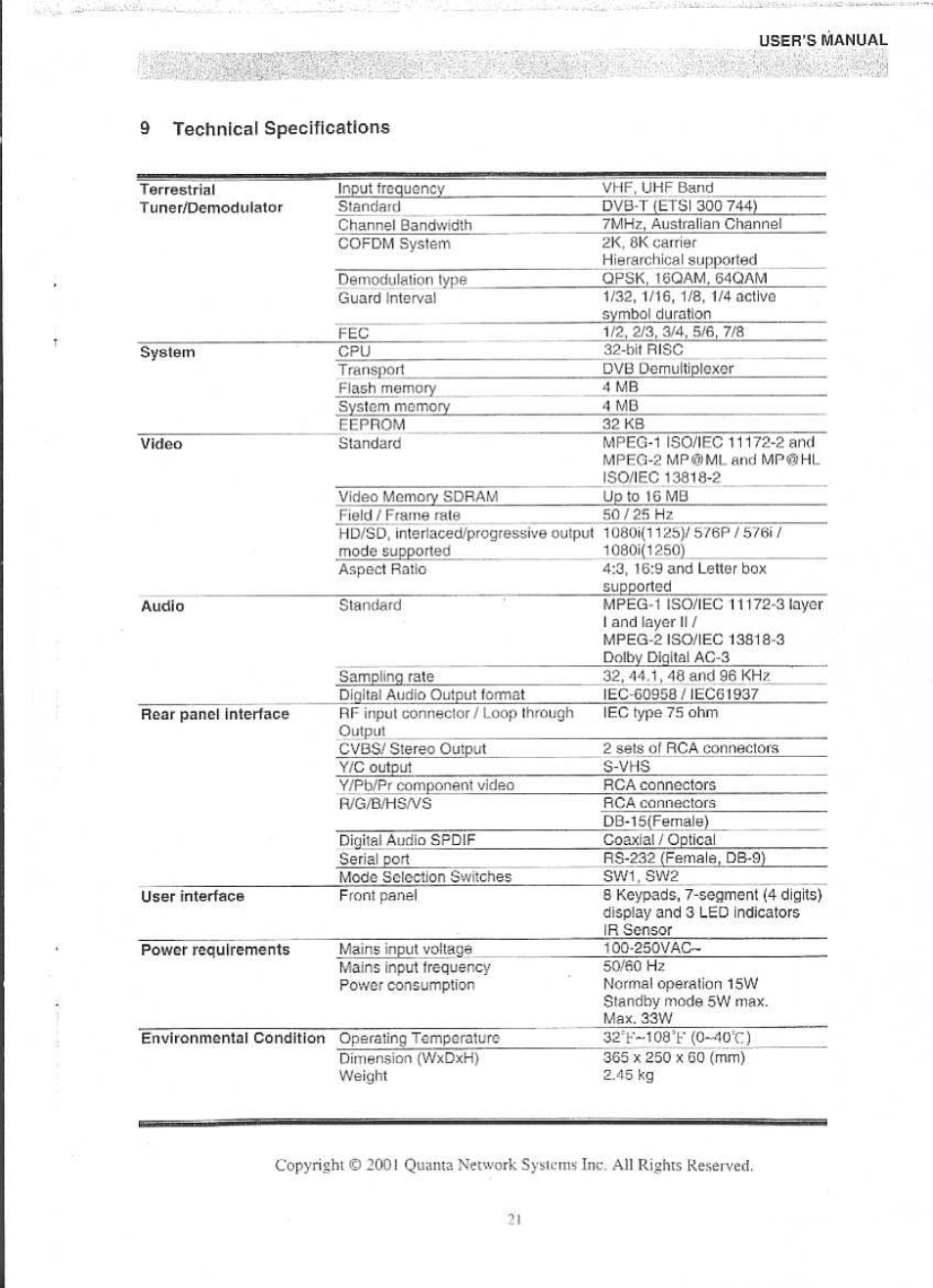 9 technical specifications, Technical specijlcations, 9technical specifications | Panasonic QTR 2140 User Manual | Page 22 / 22