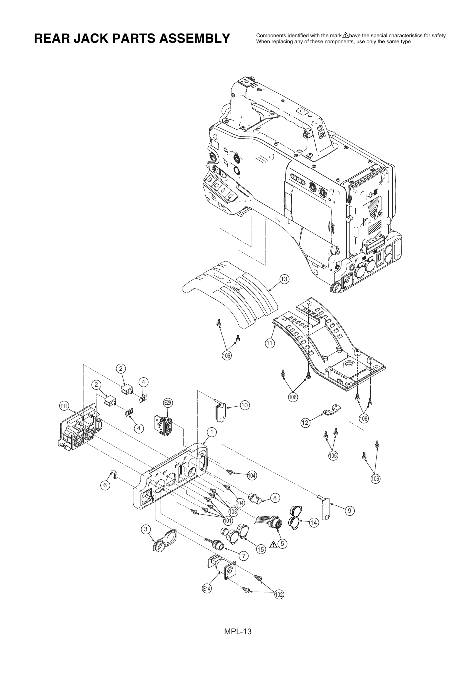 Rear jack parts assembly, Mpl-13 | Panasonic AG-HPX500MC User Manual | Page 14 / 23