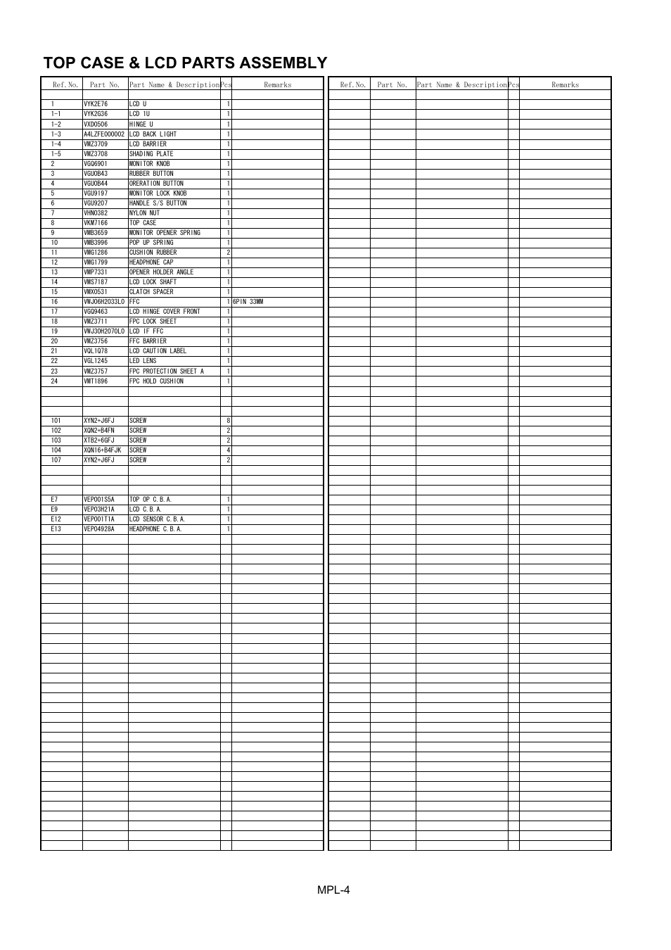 Top case & lcd parts assembly, Mpl-4 | Panasonic AG-HPG10MC User Manual | Page 5 / 7