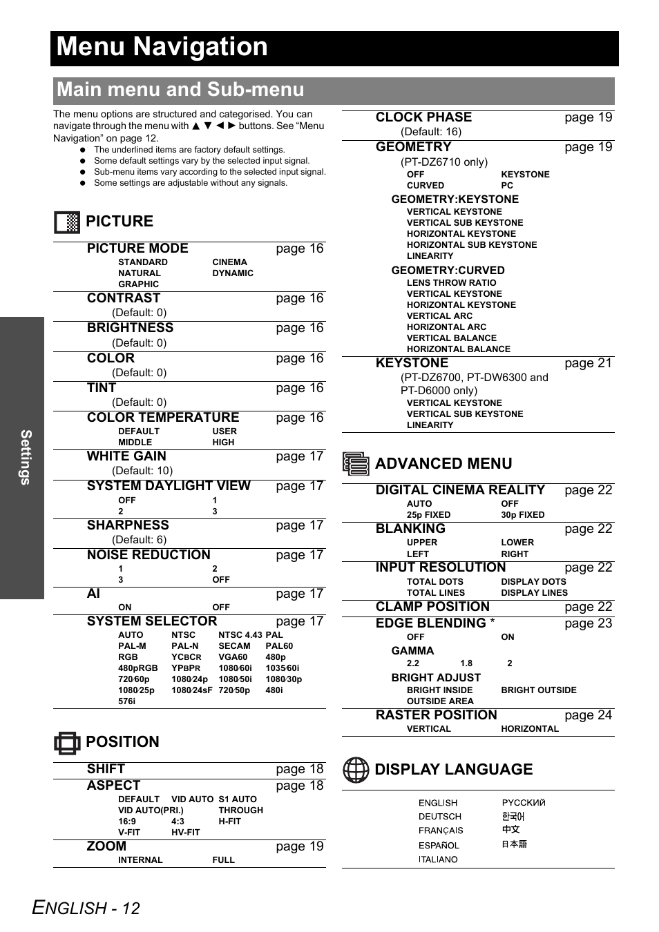Menu navigation, Main menu and sub-menu, Nglish - 12 | Picture position advanced menu display language, Settings, Picture mode page 16, Contrast page 16, Brightness page 16, Color page 16, Tint page 16 | Panasonic PT-DZ6710 User Manual | Page 12 / 52