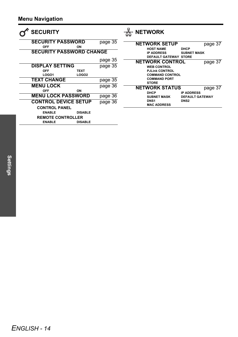 Nglish - 14, Menu navigation, Security network | Settings | Panasonic PT-DZ6710 User Manual | Page 14 / 52