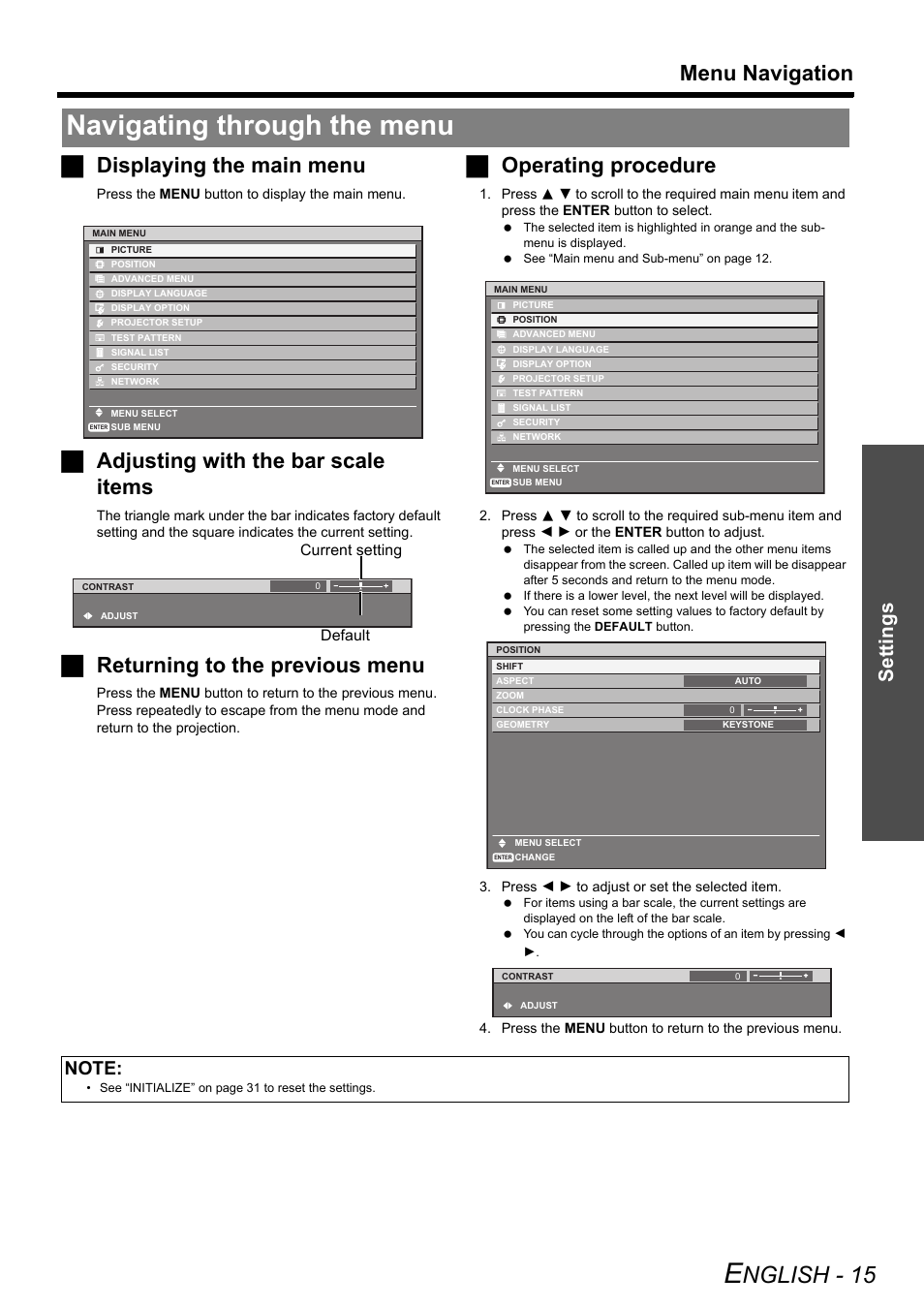 Navigating through the menu, Nglish - 15, Menu navigation | Jdisplaying the main menu, Jadjusting with the bar scale items, Jreturning to the previous menu, Joperating procedure, Settings | Panasonic PT-DZ6710 User Manual | Page 15 / 52