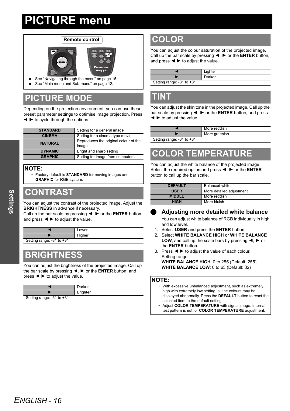 Picture menu, Picture mode, Contrast | Brightness, Color, Tint, Color temperature, Nglish - 16, Settings, Qadjusting more detailed white balance | Panasonic PT-DZ6710 User Manual | Page 16 / 52