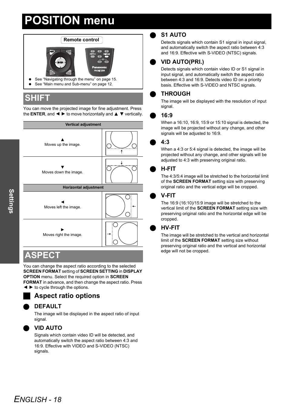 Position menu, Shift, Aspect | Shift aspect, Nglish - 18, Jaspect ratio options | Panasonic PT-DZ6710 User Manual | Page 18 / 52