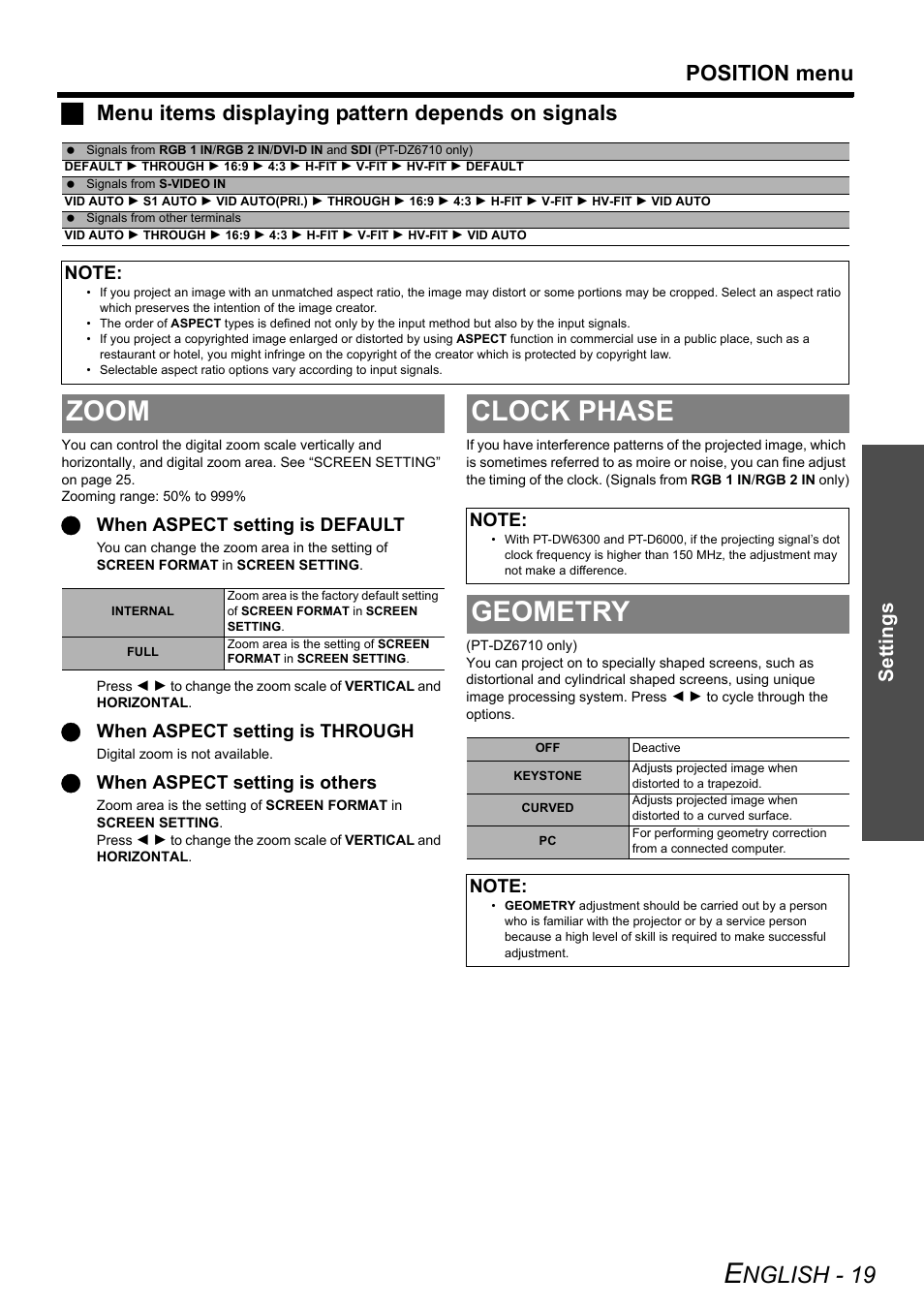 Zoom, Clock phase, Geometry | Zoom clock phase geometry, Nglish - 19, Position menu, Jmenu items displaying pattern depends on signals, Settings | Panasonic PT-DZ6710 User Manual | Page 19 / 52