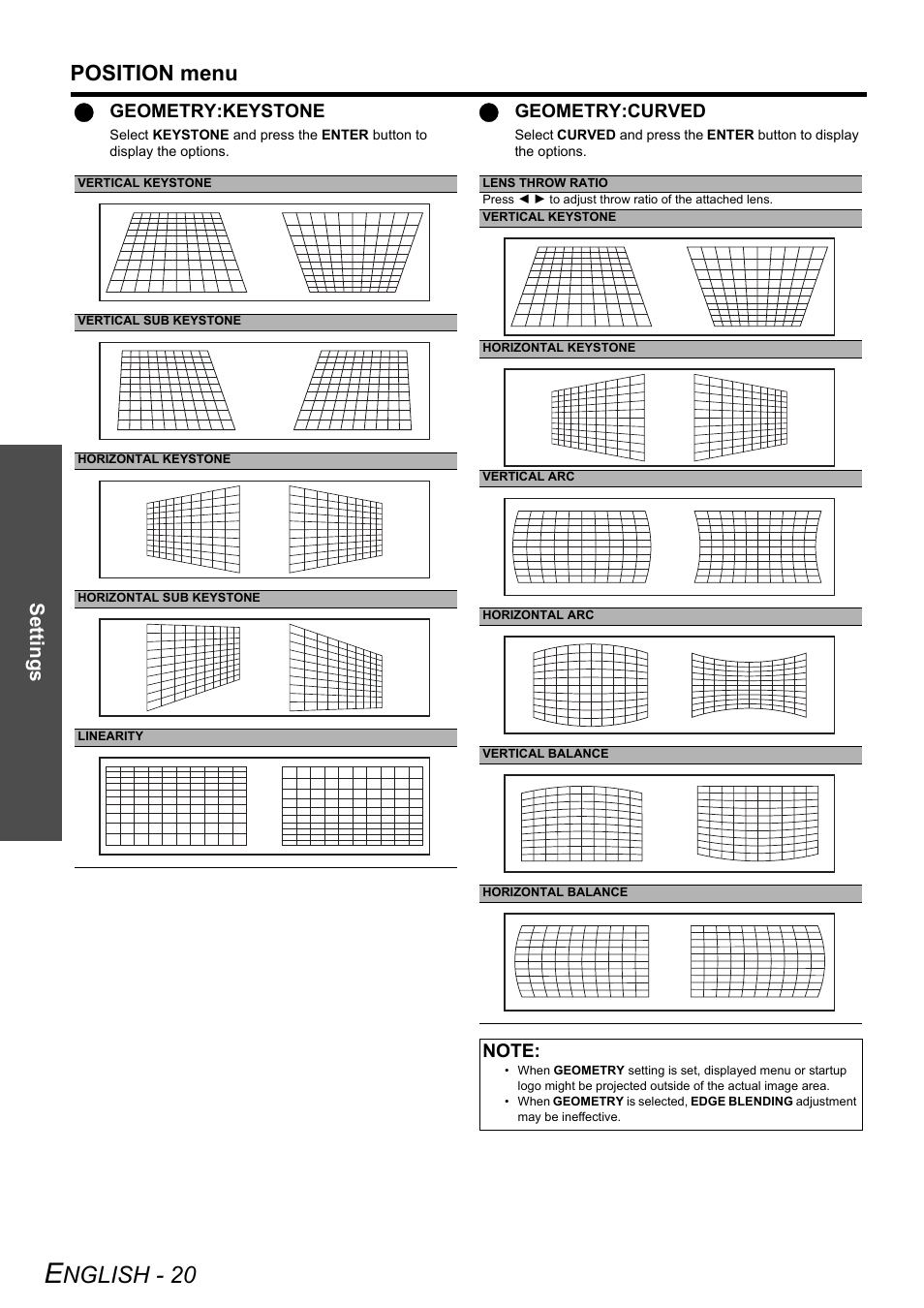 Nglish - 20, Position menu, Settings | Qgeometry:keystone, Qgeometry:curved | Panasonic PT-DZ6710 User Manual | Page 20 / 52