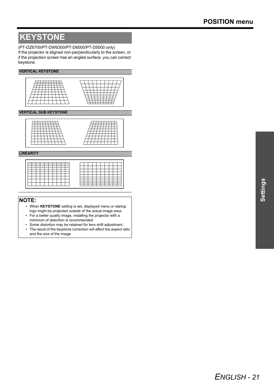 Keystone, Nglish - 21, Position menu | Settings | Panasonic PT-DZ6710 User Manual | Page 21 / 52
