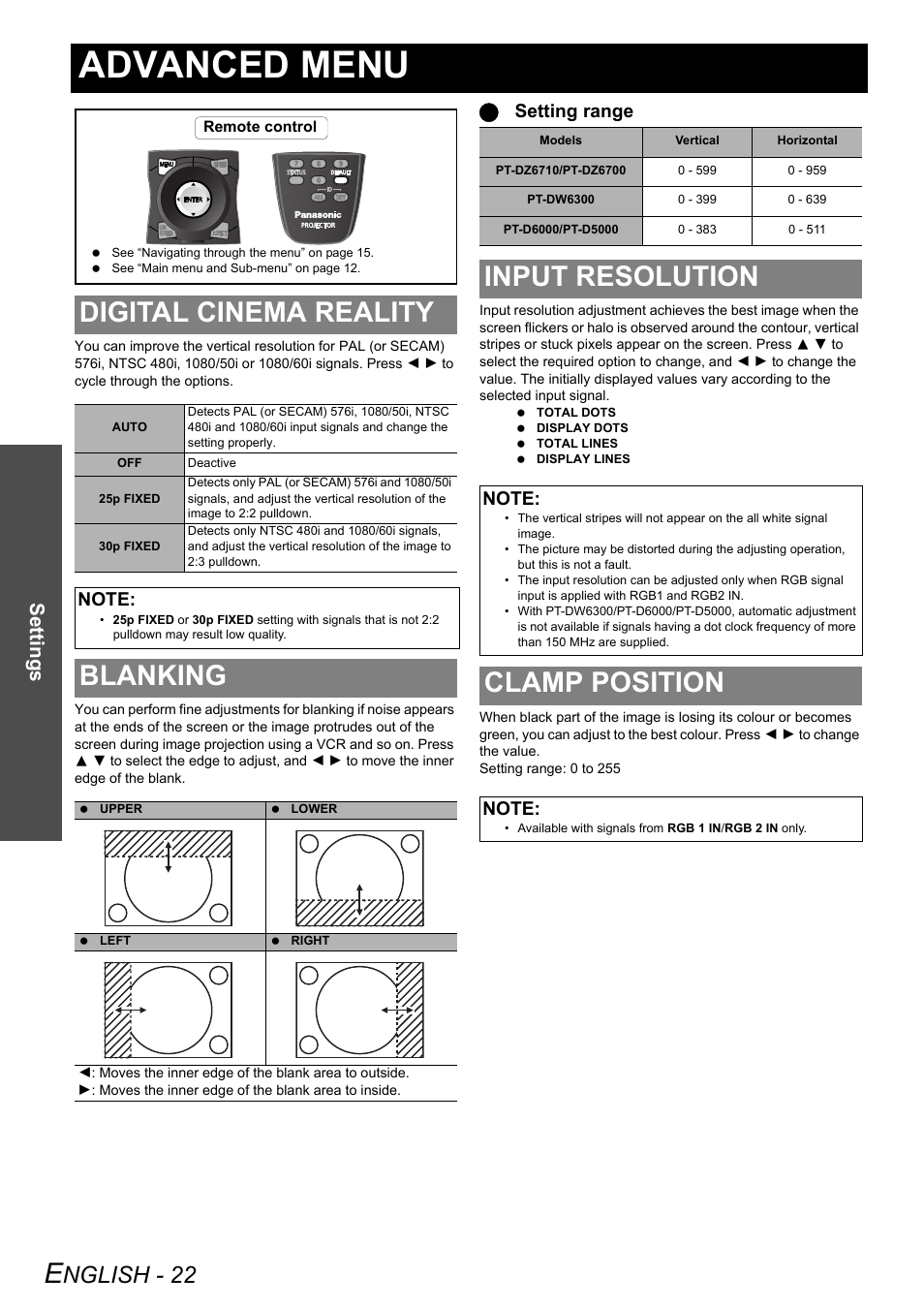 Advanced menu, Digital cinema reality, Blanking | Input resolution, Clamp position, Nglish - 22, Settings, Qsetting range | Panasonic PT-DZ6710 User Manual | Page 22 / 52